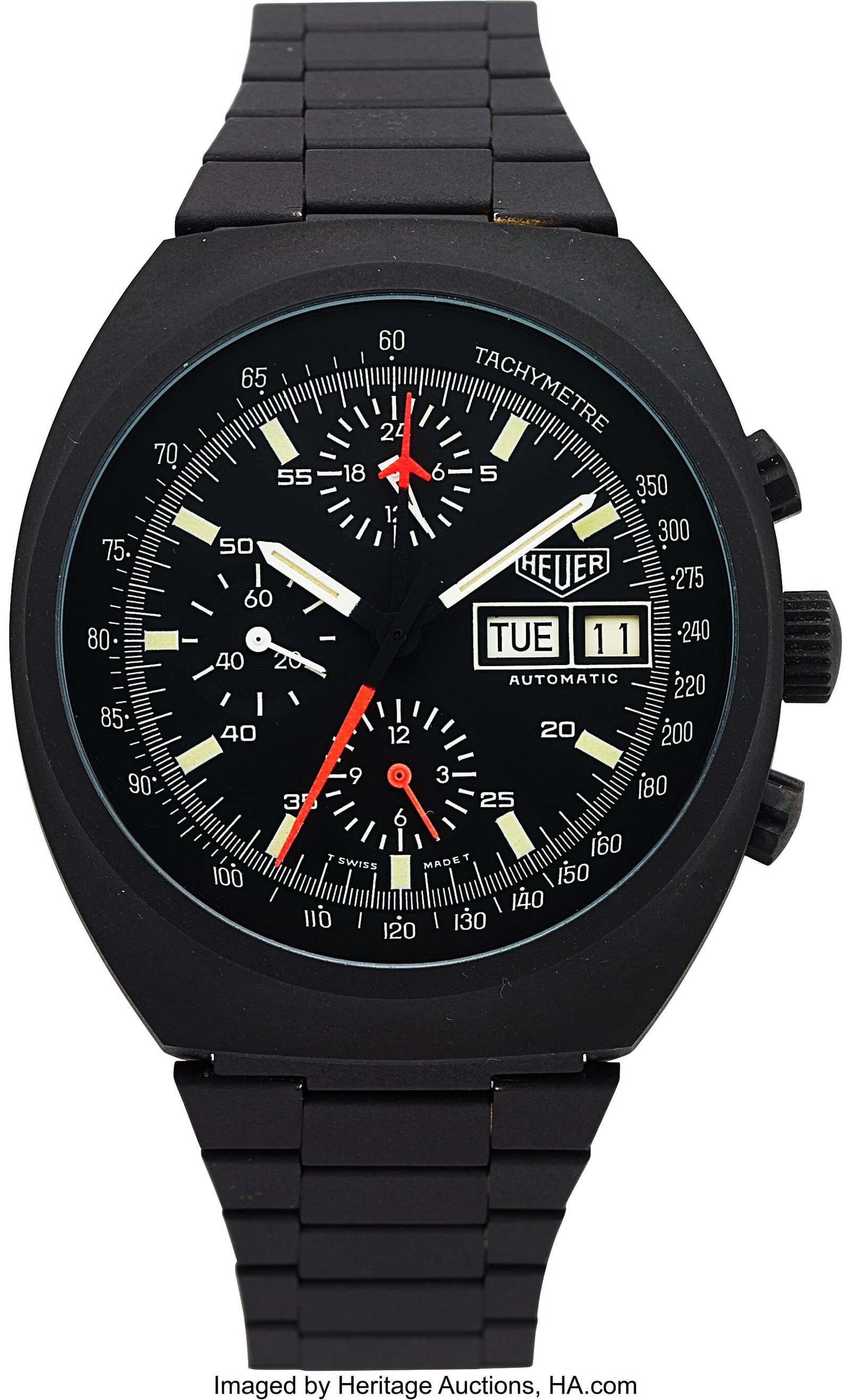 Heuer Lemania Chronograph New/Old Stock, Ref. 51: Heuer Lemania Chronograph New/Old Stock, Ref. 510.501 Case: 41 mm, steel, three body, screw-down case back Dial: black dial, white rectangle
