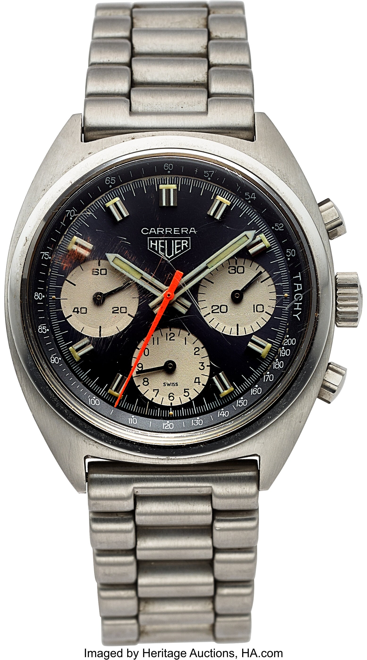 Heuer Carrera, 38 mm, Stainless Steel, Ref. 7365: Heuer Carrera, 38 mm, Stainless Steel, Ref. 73653 Case: 38 mm, stainless steel, three body, screw-down case back, fixed domed bezel Dial: b
