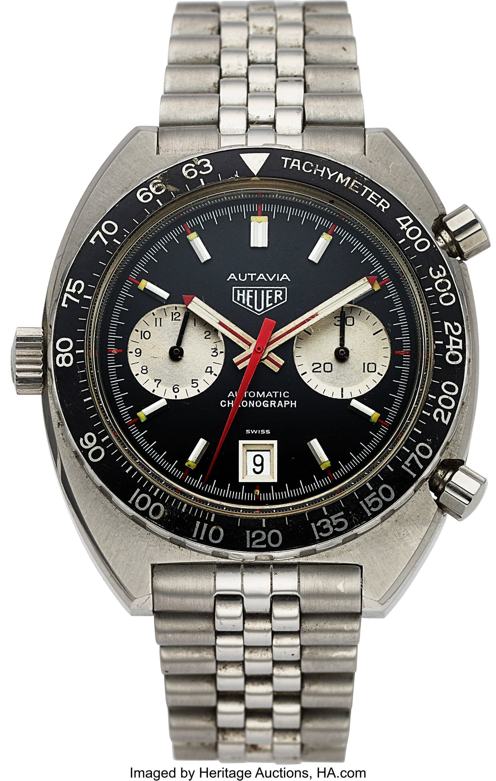 Heuer Autavia Viceroy, 42 mm, Ref. 1163 Case: 4: Heuer Autavia Viceroy, 42 mm, Ref. 1163 Case: 42 mm, stainless steel, three body, screw down case back, bidirectional ratcheted rotating black techymet