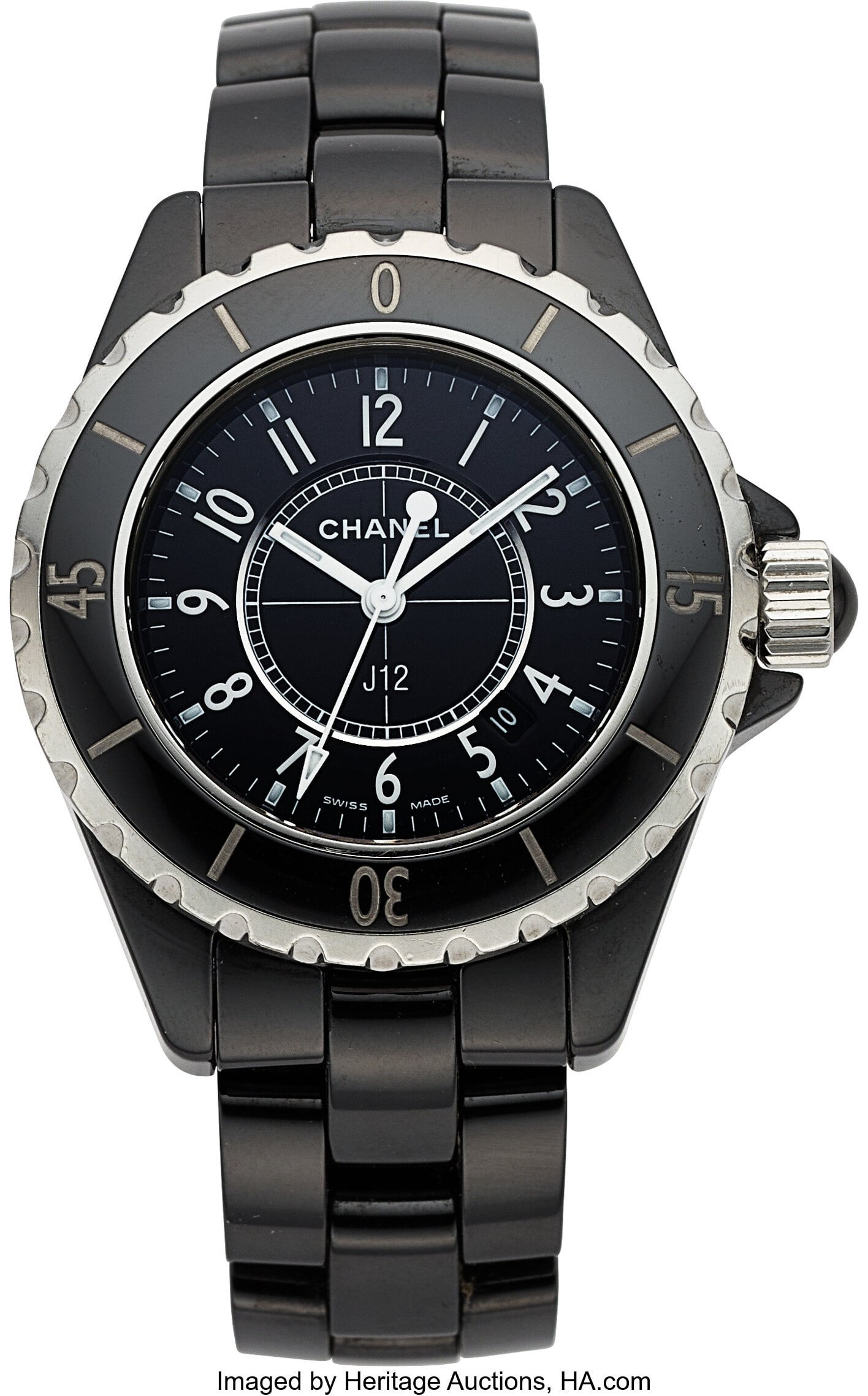 Chanel J12, 34 mm, Steel and Ceramic Watch, Quar: Chanel J12, 34 mm, Steel and Ceramic Watch, Quartz Case: 34 mm, stainless steel and ceramic, three body, eight screw case back, unidirectional ratcheted