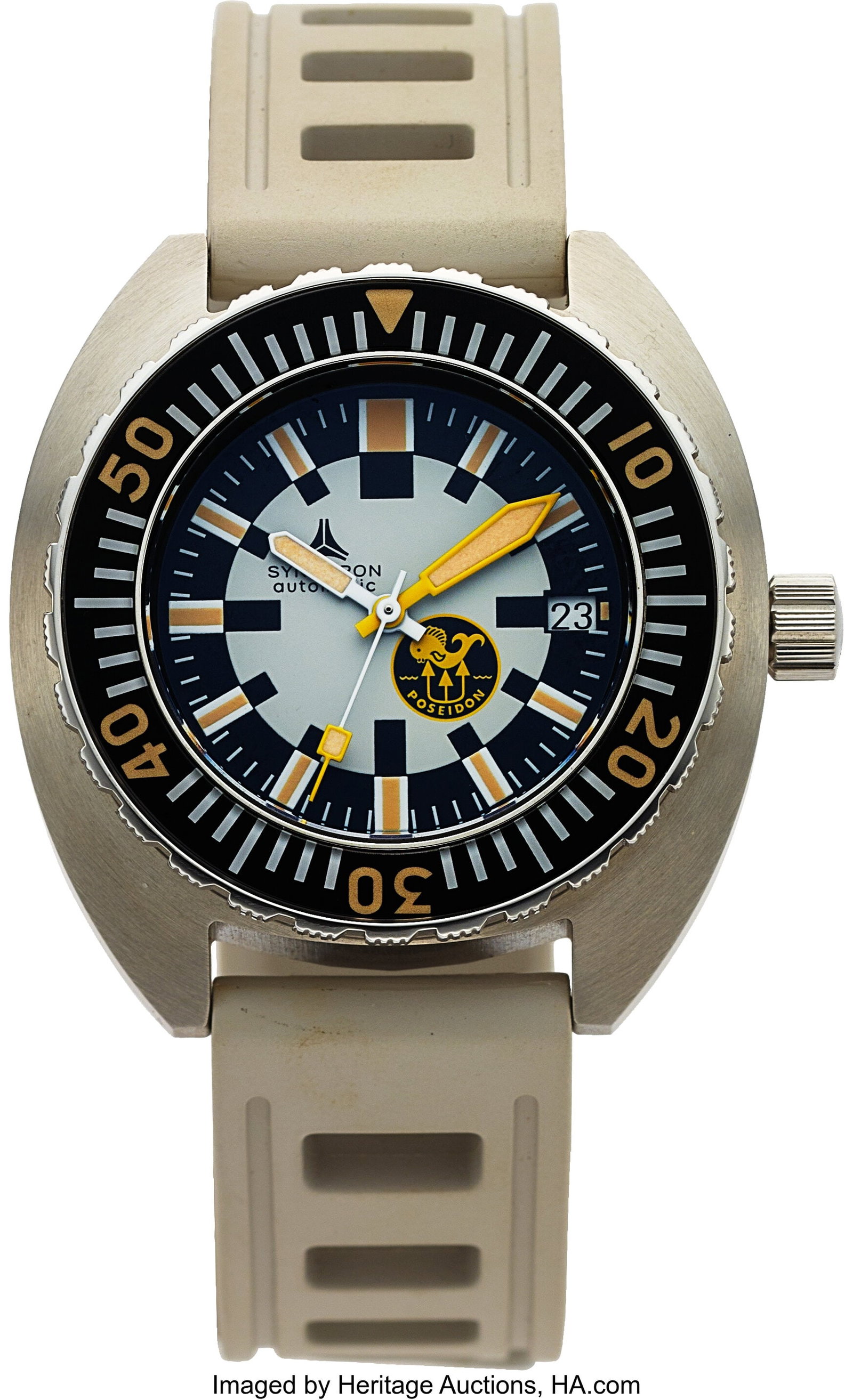 Synchron Poseidon, 42 mm, Stainless Steel Case:: Synchron Poseidon, 42 mm, Stainless Steel Case: 42 mm x 45 mm, stainless steel, three body, screw-down case back, unidirectional ratcheted rotating bezel&comm