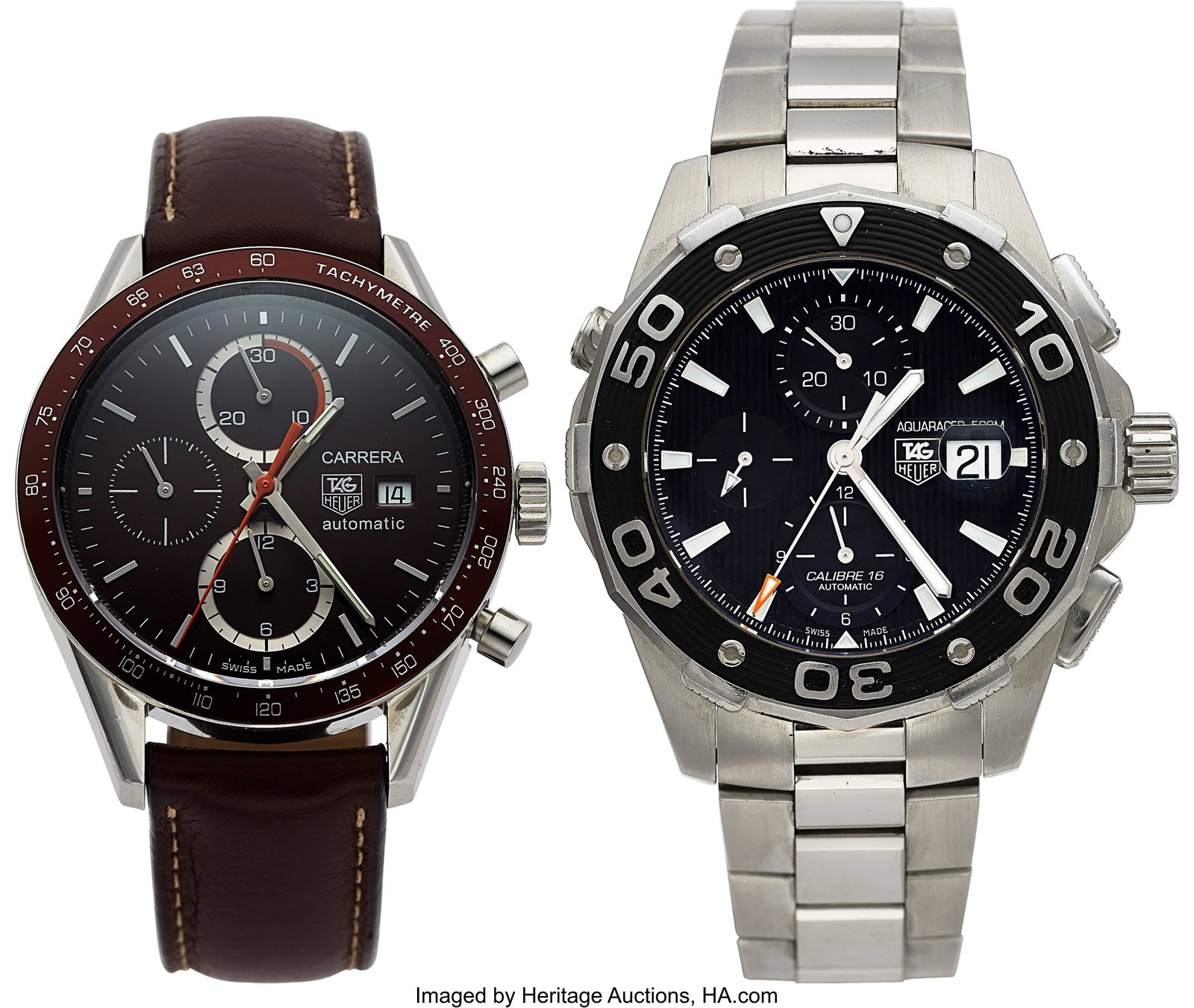 Pair of Tag Heuer Watches, Aquaracer and Carrera: Pair of Tag Heuer Watches, Aquaracer and Carrera, Ref. CAJ2110 and CV2013 Case: Aquaracer: 44 mm / Carrera: 41 mm, stainless steel, Aquaracer&colon