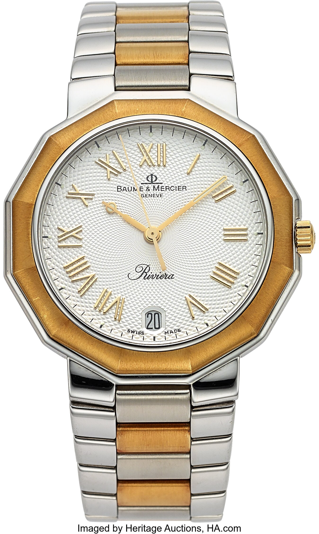 Baume & Mercier Riviera Case: 36 mm, stainless: Baume & Mercier Riviera Case: 36 mm, stainless steel and gold, three body, screw-down case back, gold bezel, No. 2782538 Dial: white guilloch&eacut