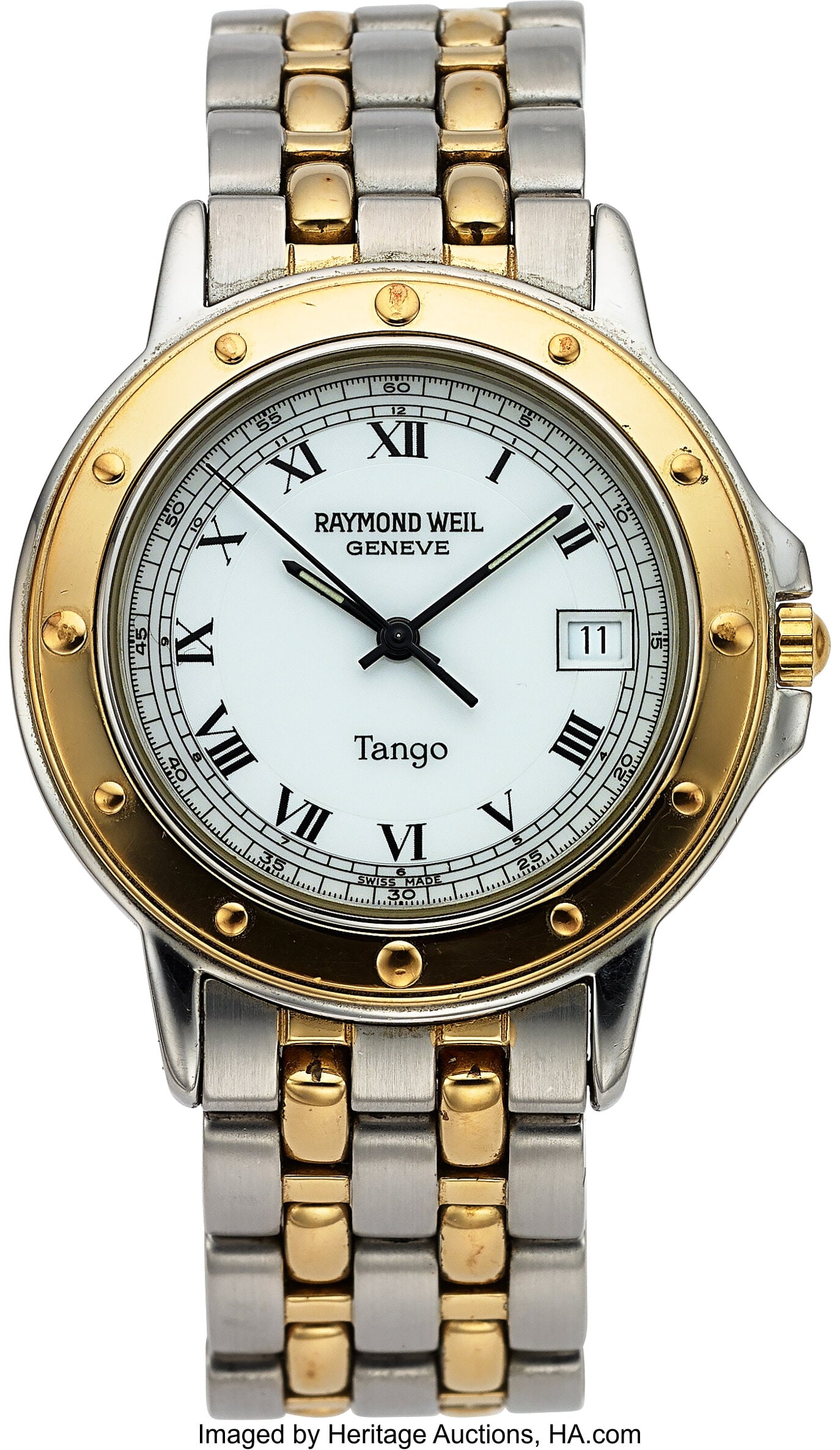 Raymond Weil Tango, Two Tone Steel and Gold Plat: Raymond Weil Tango, Two Tone Steel and Gold Plate, Ref. 5560 Case: 34 mm, steel and gold plate, three body, snap on case back, fixed gold plated bezel 
