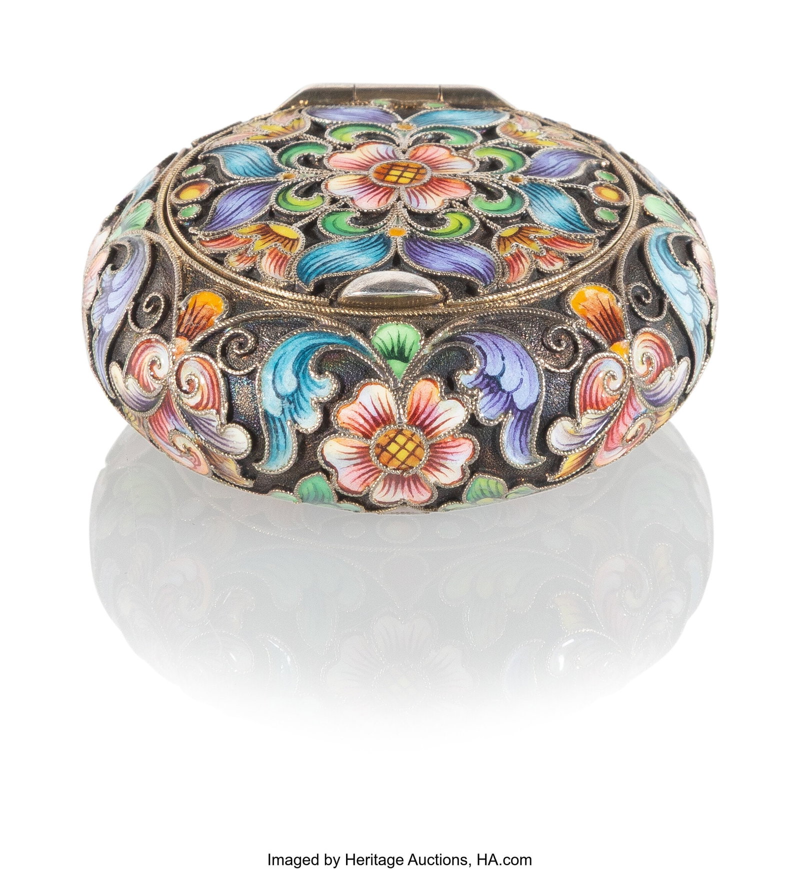 A Fabergé Cloisonné Enameled Gilt Silver Pill  (1 of 6)