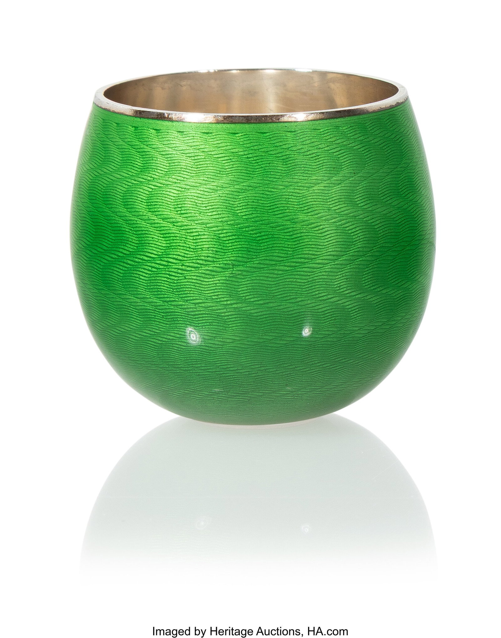A Small Fabergé Translucent Green Guilloché En: A Small Fabergé Translucent Green Guilloché Enameled Gilt Silver Tumbler (Van'ka Vstan'ka) Fabergé, maker's mark indistinct probably AG for Andrei Gorianov in Cyri