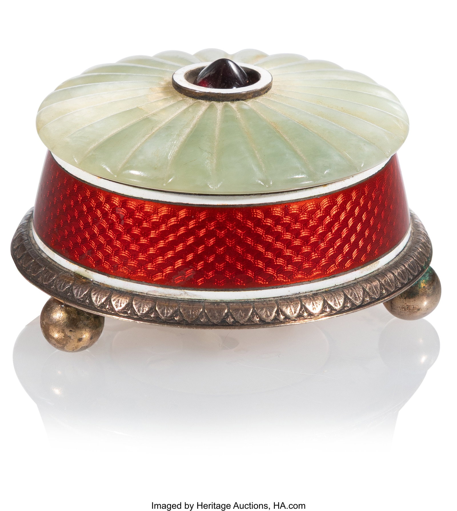 A Russian Gem-Set Bowenite and Guilloché Enamel: A Russian Gem-Set Bowenite and Guilloché Enameled Gilt Silver Bell Push Ivan Britzin, St. Petersburg, 1908-1917 1-1/2 x 2-3/8 x 2-3/8 inches (3.8 x 6&