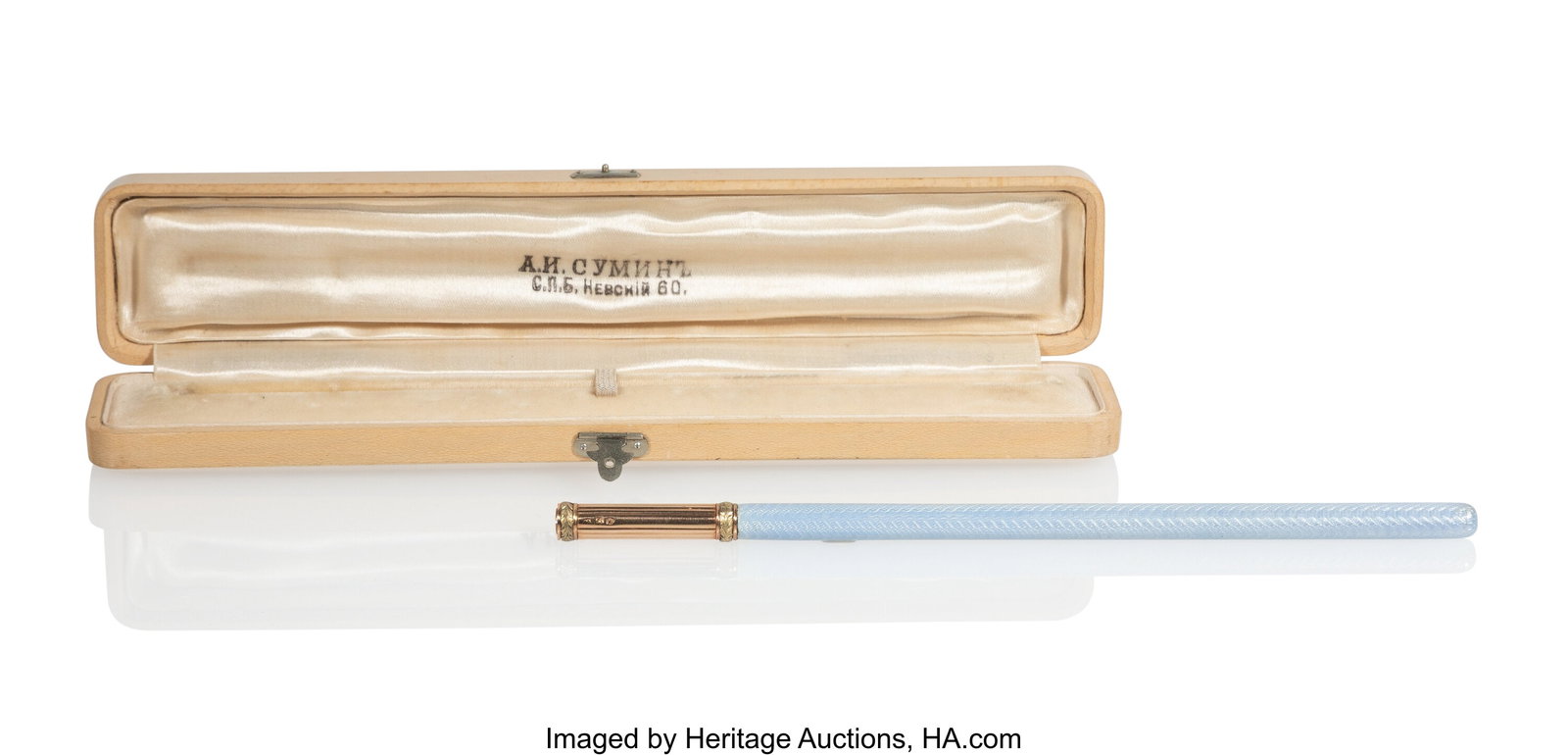 A Russian Two-Color, Gold-Mounted, and Guilloché Enameled Gilt Silver Pen: A Russian Two-Color, Gold-Mounted, and Guilloché Enameled Gilt Silver Pen Andrei Adler, St. Petersburg, 1904-1908 6-5/8 x 0-1/4 x 0-1/4 inches (16.8 x 0.6 x 0.6 cm) 20 grams PROVENANCE: Christie's, L