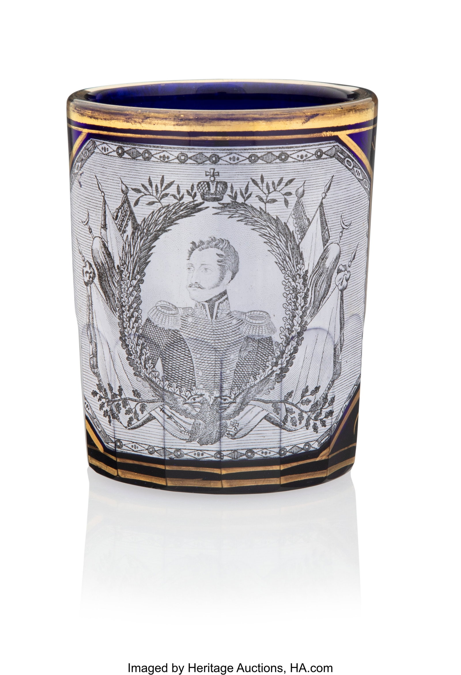 A Russian Cobalt Glass Tumbler, Depicting Nichol: A Russian Cobalt Glass Tumbler, Depicting Nicholas I Russian, circa 1825 3-1/2 x 2-3/4 inches (8.9 x 7.0 cm) PROVENANCE: Sotheby's, New York&com