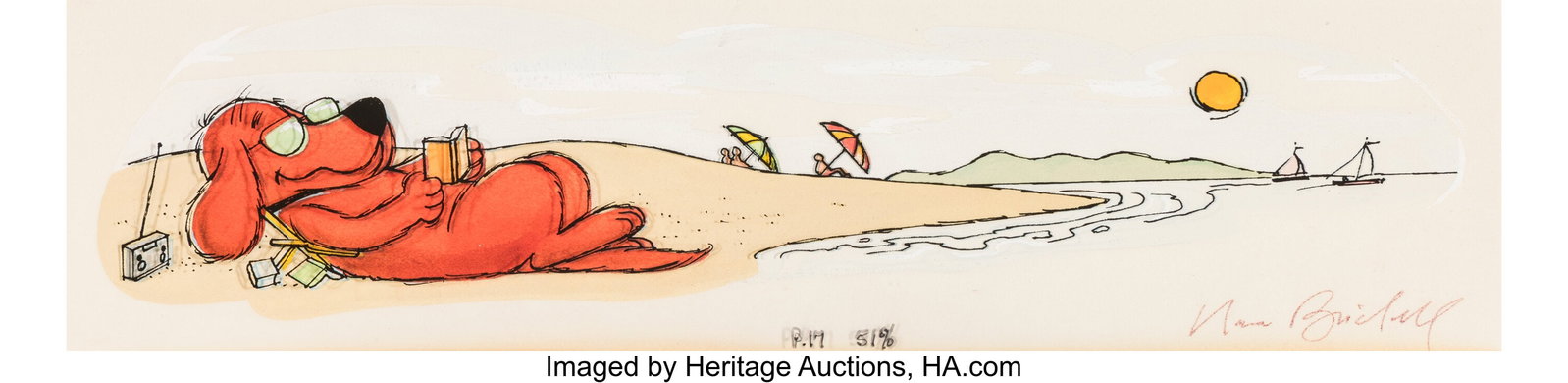 Norman Bridwell (American, 1928-2014) Clifford t: Norman Bridwell (American, 1928-2014) Clifford the Big Red Dog at the Beach, 1988 Watercolor on board with overlay 3-7/8 x 12-7/8 inches (9.8 x 32.7 cm