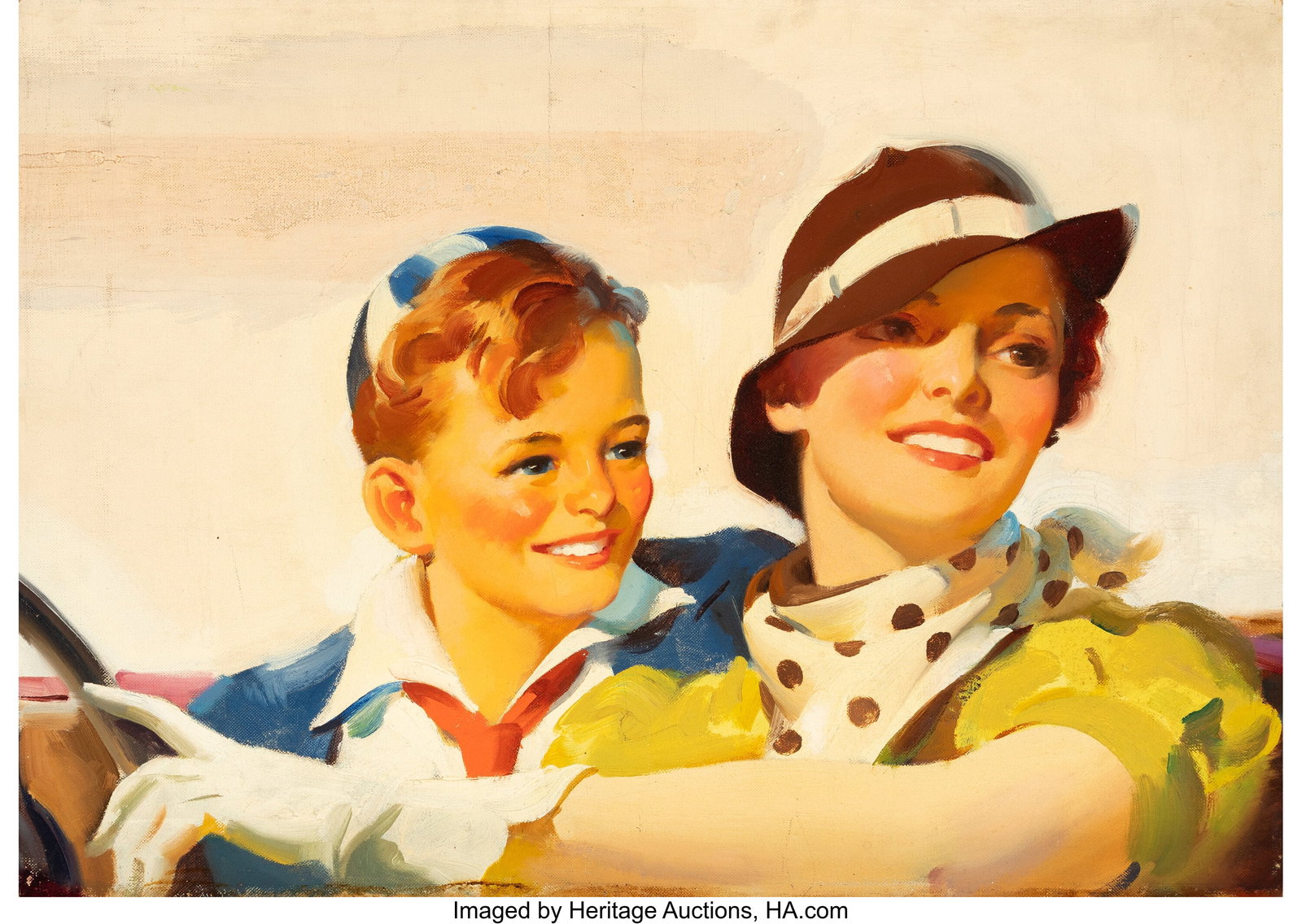 American Artist (20th Century) Sunday Driving, c: American Artist (20th Century) Sunday Driving, circa 1944 Oil on canvas 15 x 21 inches (38.1 x 53.3 cm) Not signed This sweet pairing of mother and child depict