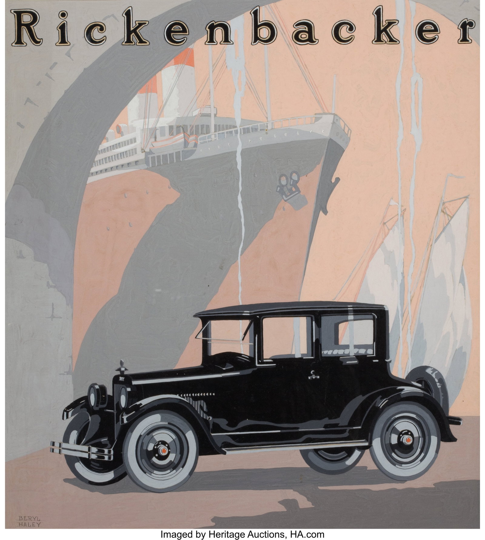 Beryl Haley (American, 20th Century) Rickenbacke: Beryl Haley (American, 20th Century) Rickenbacker automobile advertisement, circa 1924 Gouache on board 19-3/4 x 17-3/4 inches (50.2 x 45.1 cm) &l