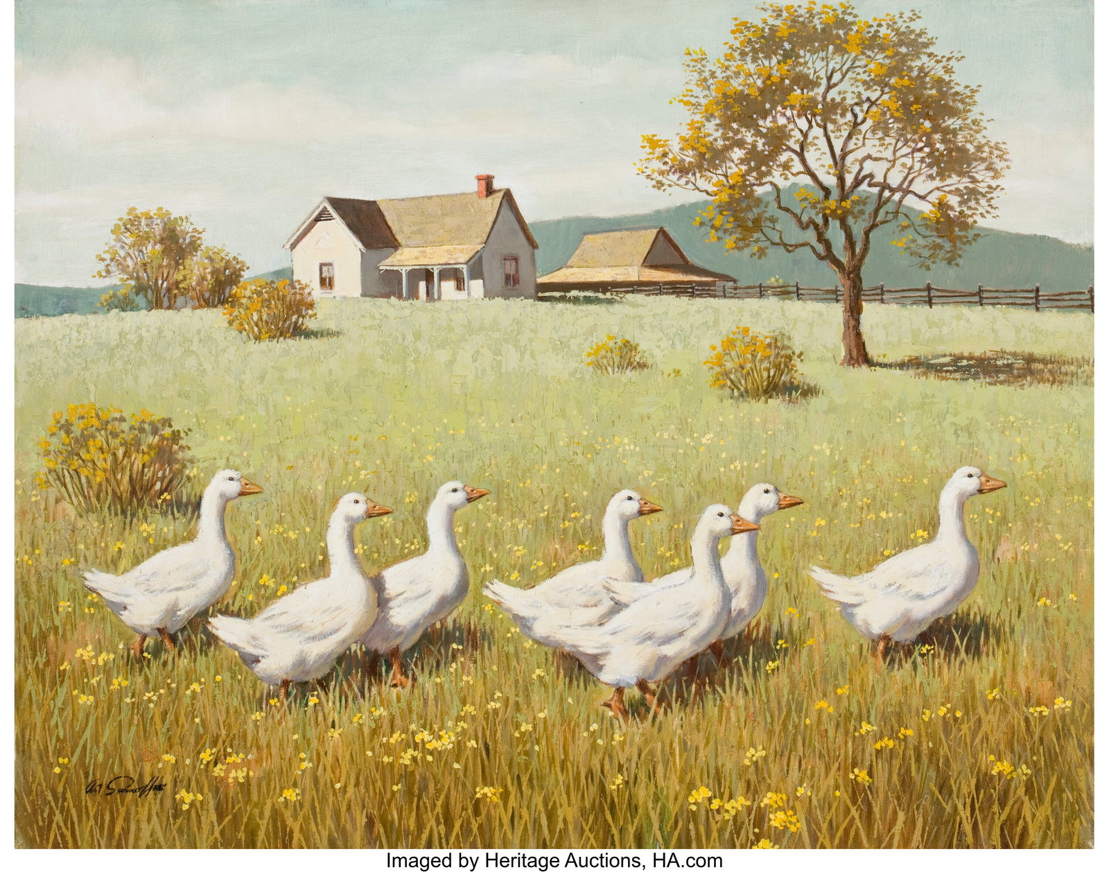 Arthur Saron Sarnoff (American, 1912-2000) Gaggl: Arthur Saron Sarnoff (American, 1912-2000) Gaggle of Geese (pair), circa 1950 Oil on canvas 22 x 28 inches (55.9 x 71.1 cm) (each) Eac