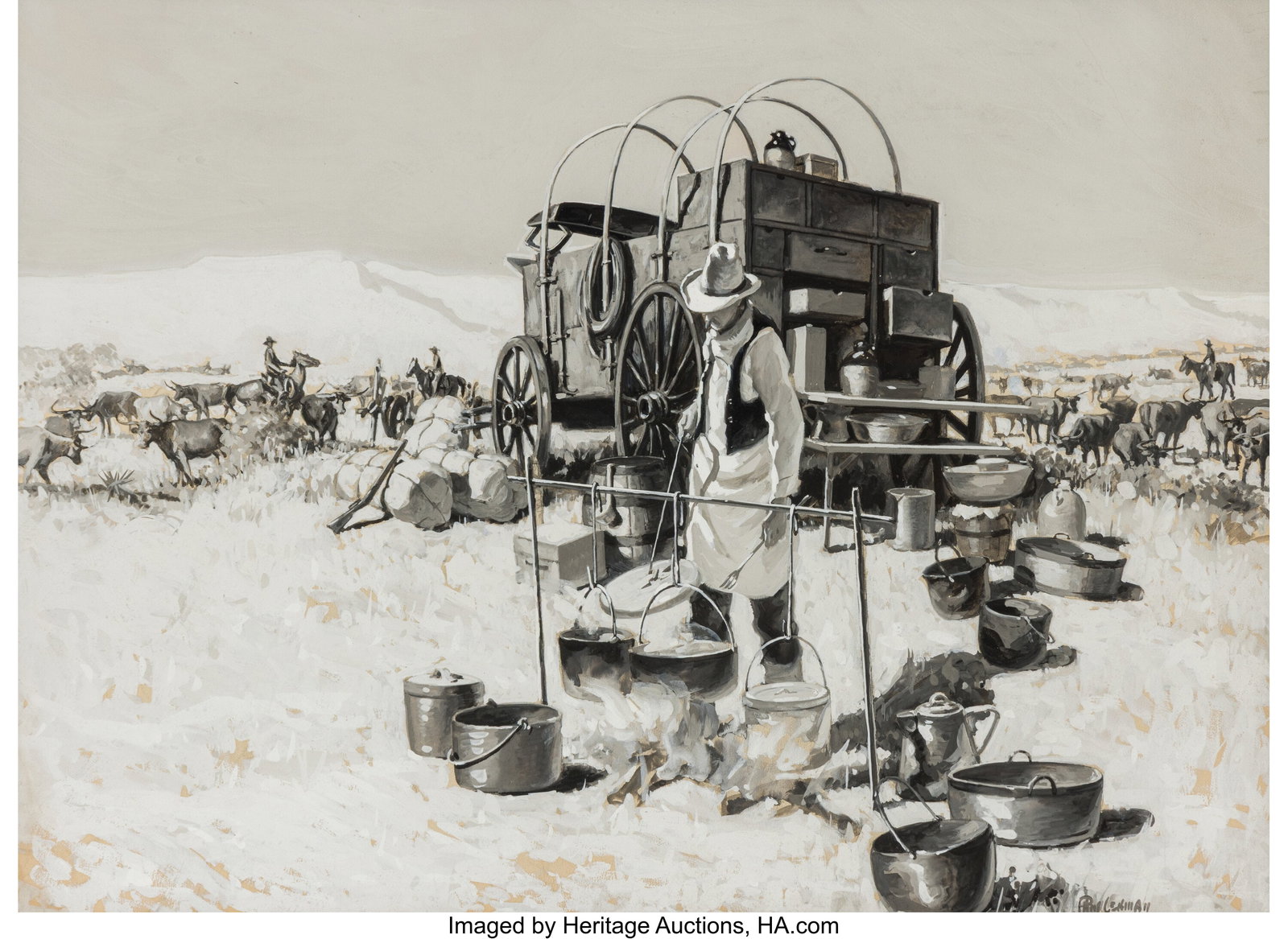 Paul Lehman (American, 1889-1945) Chuck Wagon, l: Paul Lehman (American, 1889-1945) Chuck Wagon, likely western magazine interior, circa 1925 Gouache on board 17-5/8 x 23-3/8 inches (44.8 x 59.2 