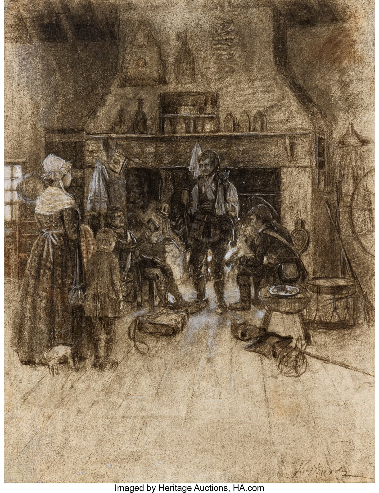Stanley Massey Arthurs (American, 1877-1950) Col: Stanley Massey Arthurs (American, 1877-1950) Colonial interior scene Charcoal and chalk on paper laid on board 24 x 18-3/4 inches (61.0 x 47.6 cm) (she