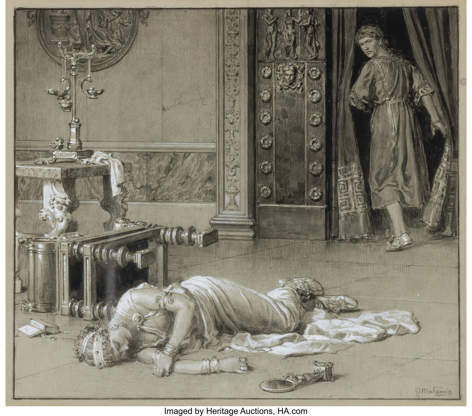 Fortunino Matania (Italian, 1881-1963) The Death: Fortunino Matania (Italian, 1881-1963) The Death of Goppeia, Britannia & Eve magazine interior, 1938 Pencil, ink, and gouache on board 10-1/2 x 11-3&sol