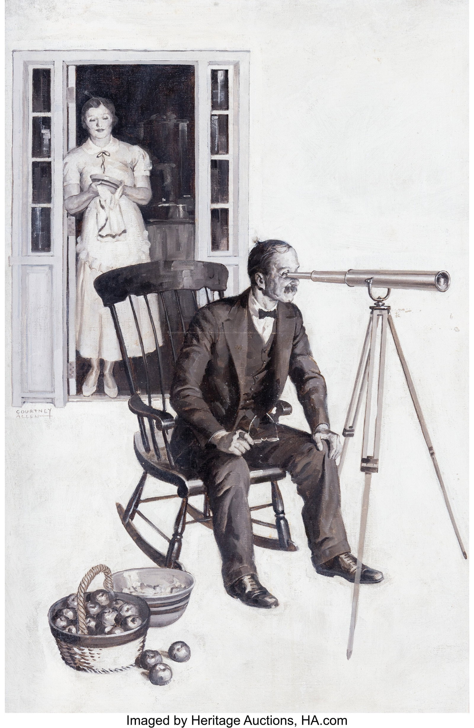 Courtney Allen (American, 1896-1969) Man with Te: Courtney Allen (American, 1896-1969) Man with Telescope, magazine interior, May 1934 Oil on canvas 32 x 21 inches (81.3 x 53.3 cm) Signed center lef