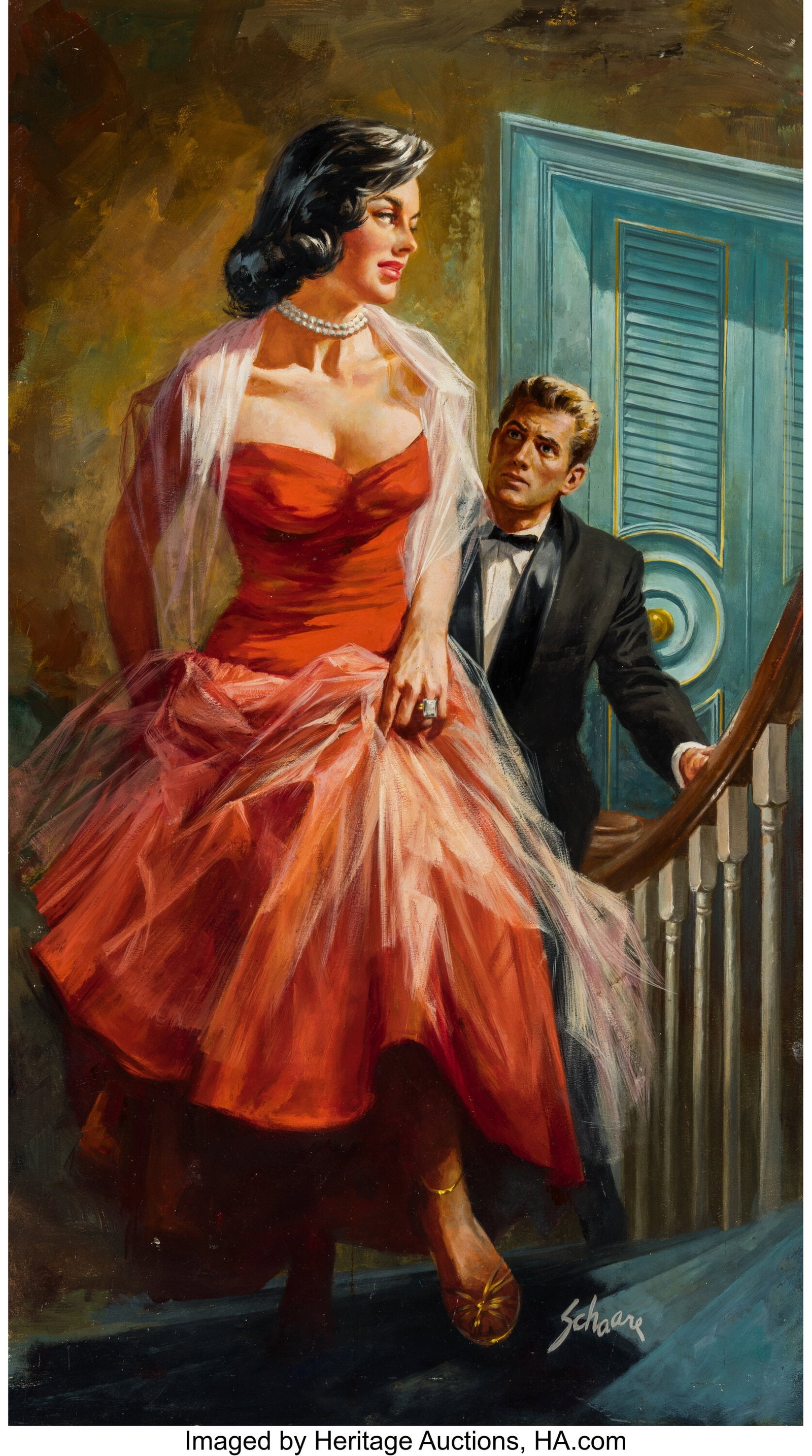 Harry Schaare (American, 1922-2008)Pursuit of a Princess, Saturday Even: Harry Schaare (American, 1922-2008) Pursuit of a Princess, Saturday Evening Post interior, March 3, 1956Oil on board 26 x 14-5/8 inches (66.0 x 37.1 cm) Signed lower right: Schaare The present work is