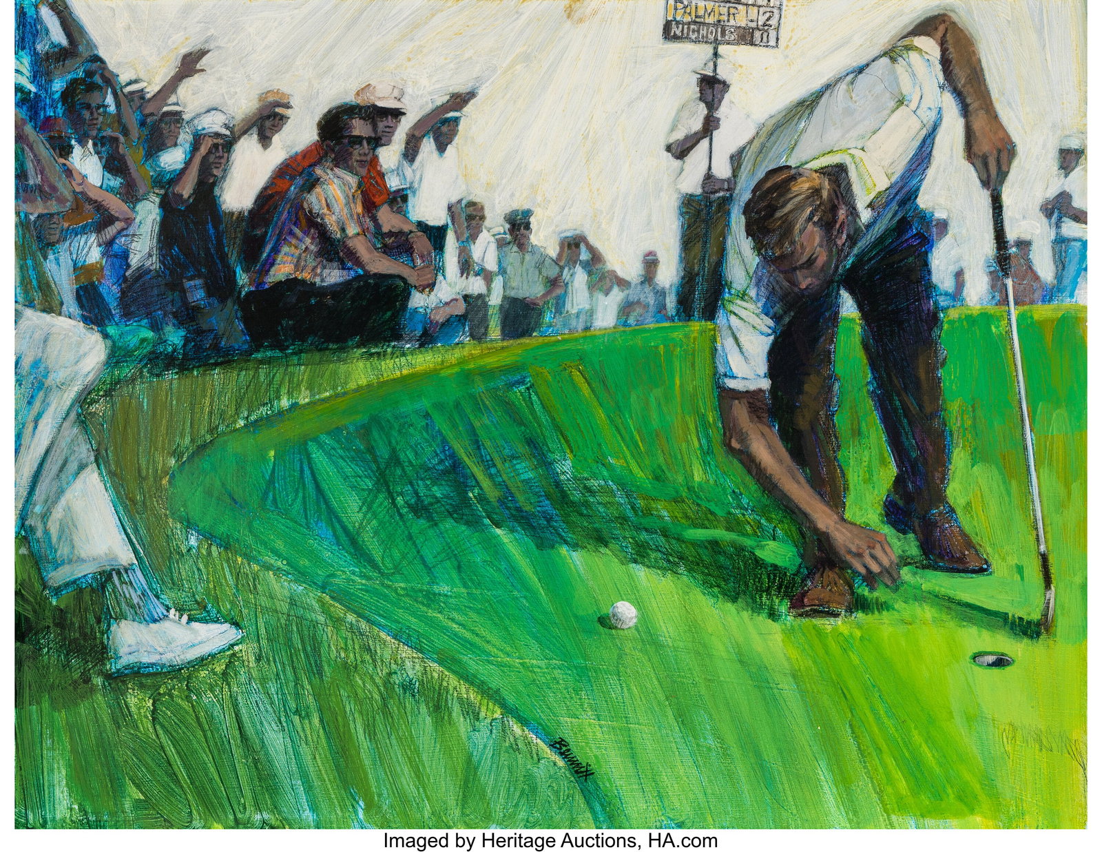 Bennitt (American, 20th Century) Marking his Bal: Bennitt (American, 20th Century) Marking his Ball Mixed media on Masonite 22 x 28 inches (55.9 x 71.1 cm) Signed lower center: Bennitt HID03101062020 &cop