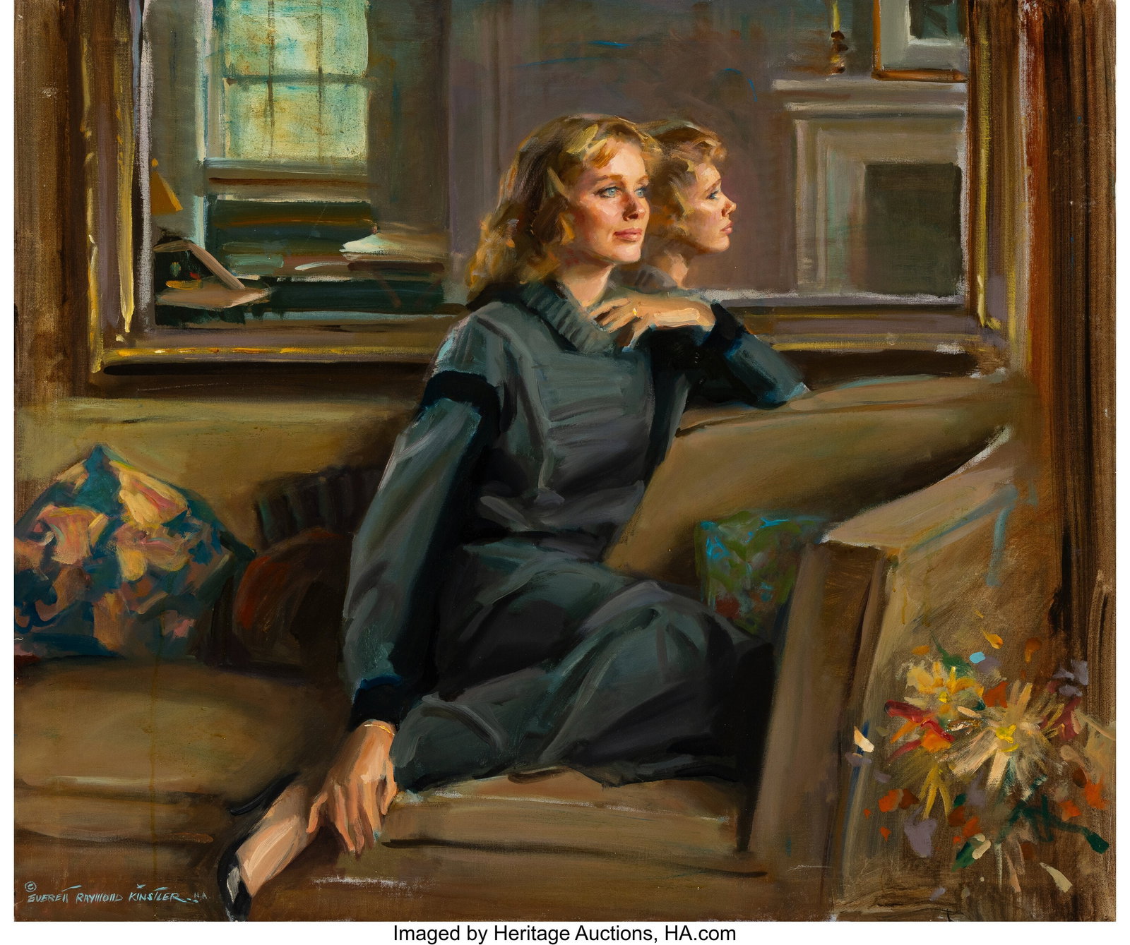 Everett Raymond Kinstler (American, 1926-2019) I: Everett Raymond Kinstler (American, 1926-2019) Interior, Liv Ullmann, 1984 Oil on canvas 32 x 38 inches (81.3 x 96.5 cm) Signed lower left: &c