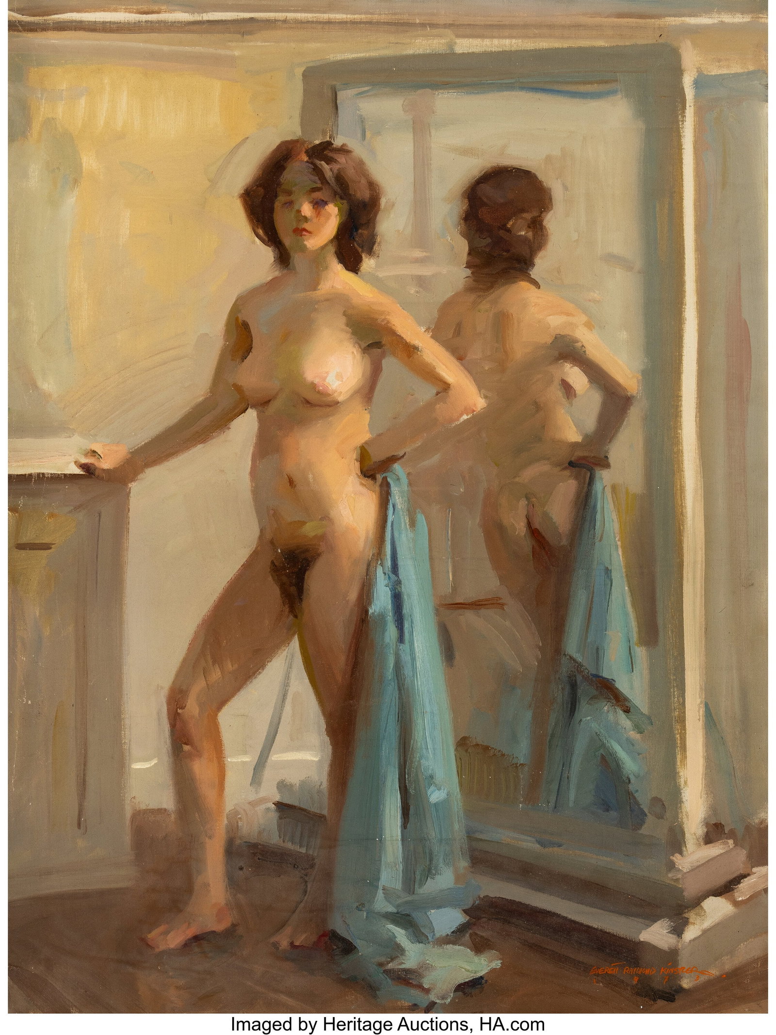 Everett Raymond Kinstler (American, 1926-2019) D: Everett Raymond Kinstler (American, 1926-2019) Defiant Nude, 1973 Oil on canvas 35-1/2 x 27-1/4 inches (90.2 x 69.2 cm) Signed and dated lower rig