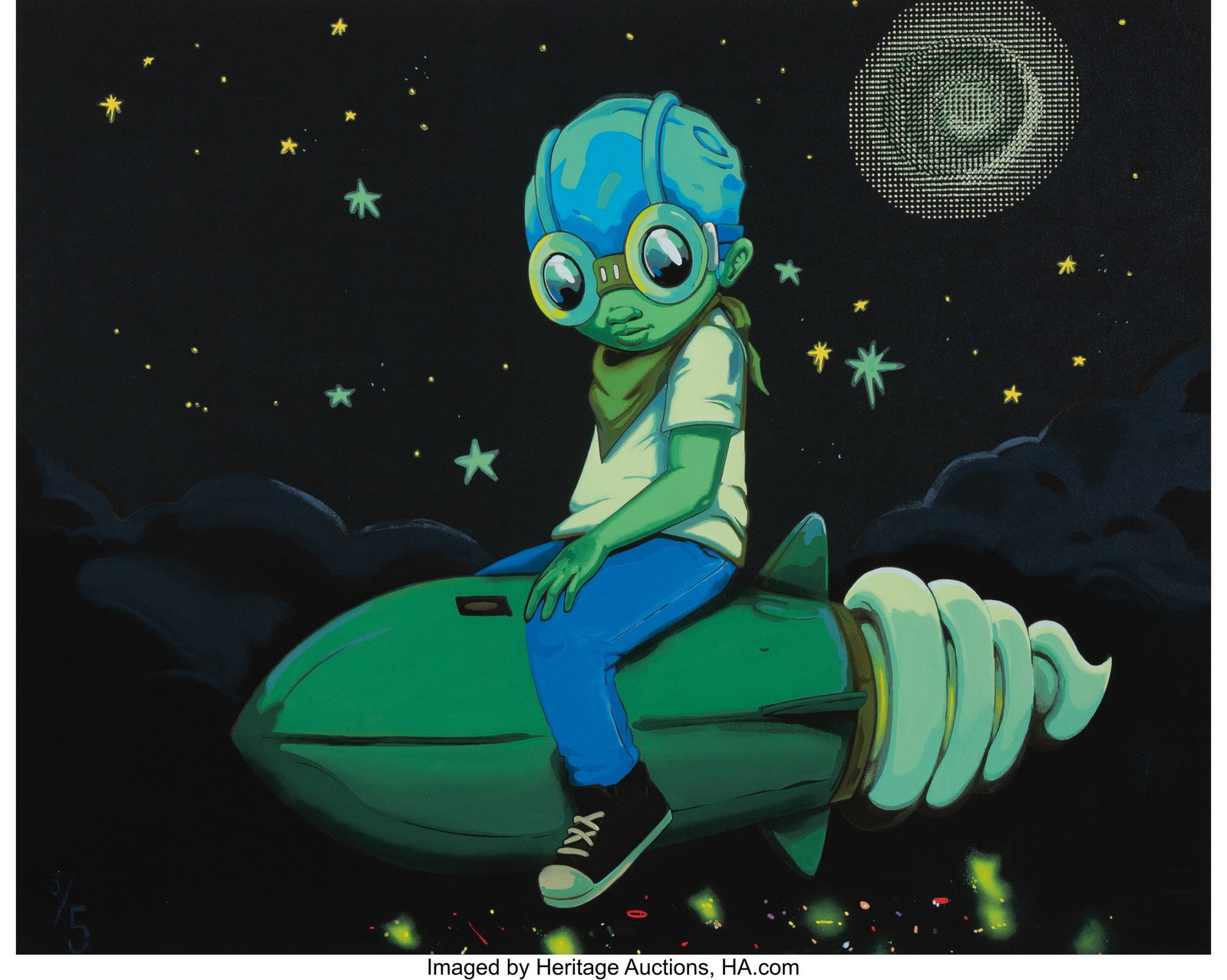 Hebru Brantley (b. 1981) Night Flight, 2021 Arch: Hebru Brantley (b. 1981) Night Flight, 2021 Archival pigment print in colors and screenprint glow-in-the-dark ink on Museum Cotton Rag paper 28-1/4 x 35-1/2 inches &lpar