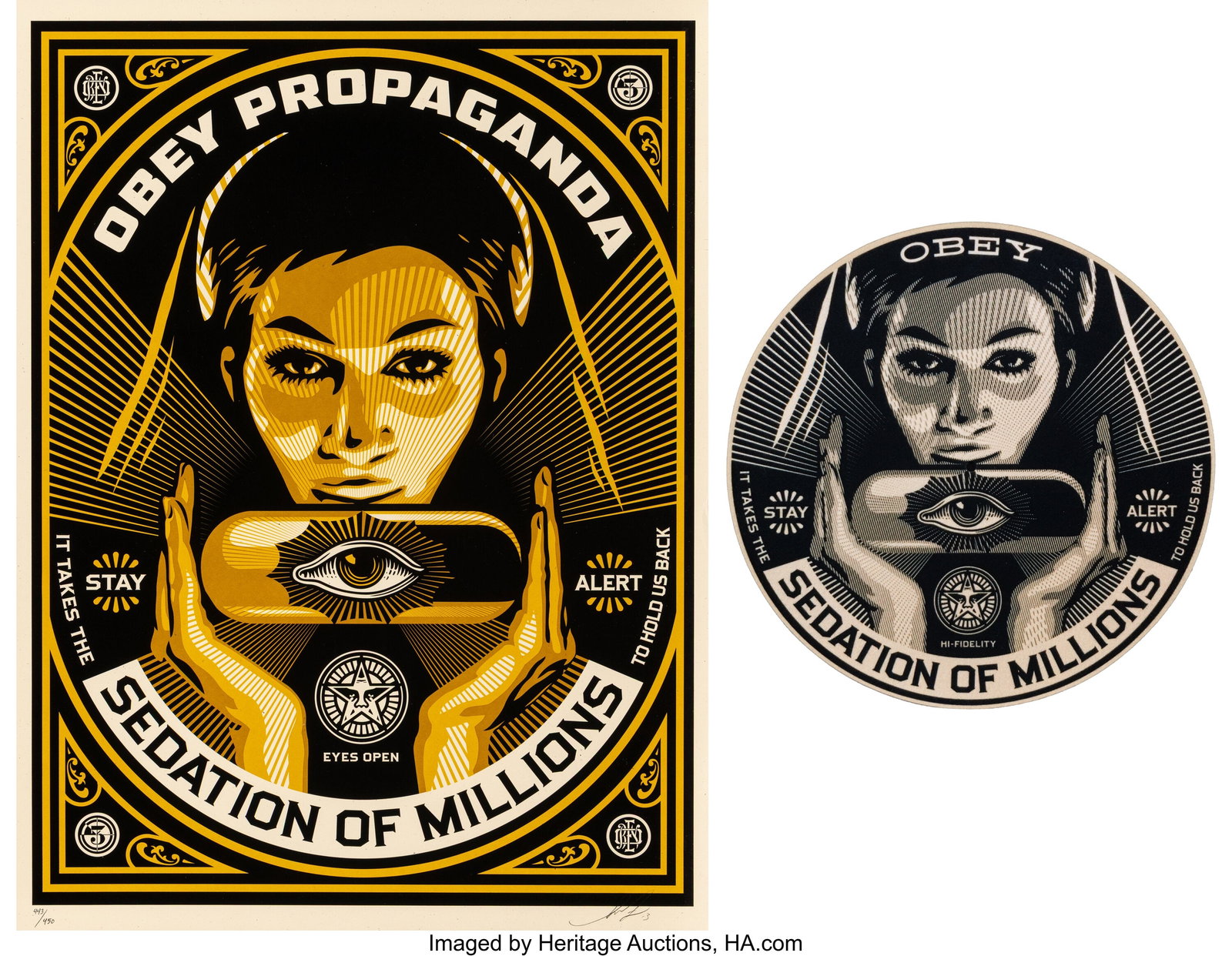 Shepard Fairey (b. 1970) Sedation Pill; Sedation: Shepard Fairey (b. 1970) Sedation Pill; Sedation of Millions Single Slipmat (two works), 2013 Screenprint in colors on Cream Speckletone paper and digital print i