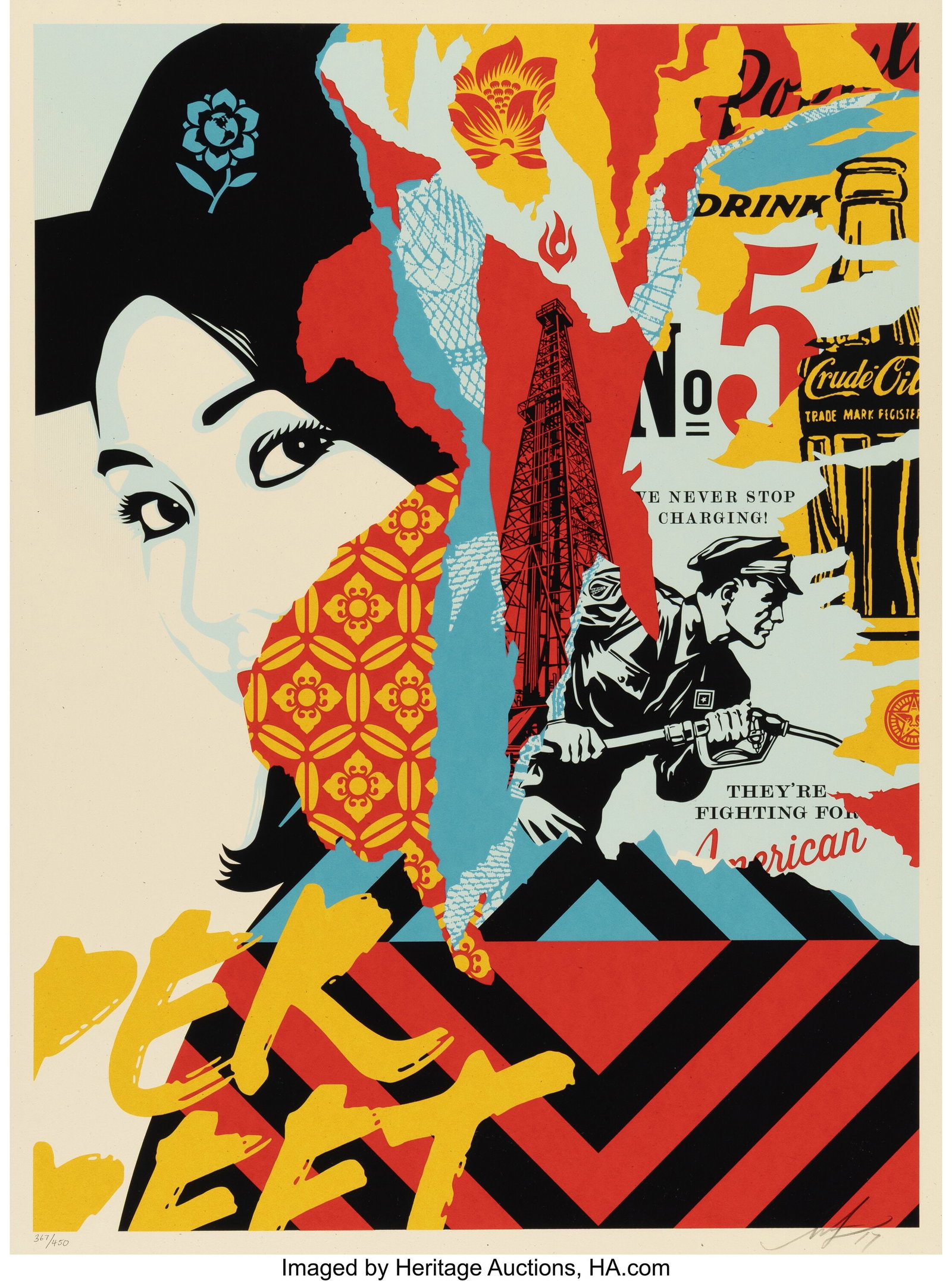 Shepard Fairey (b. 1970) Drink Crude Oil, 2017 S: Shepard Fairey (b. 1970) Drink Crude Oil, 2017 Screenprint in colors on Cream Speckletone paper 24 x 18 inches (61.0 x 45.7 cm) (sheet) Ed&peri