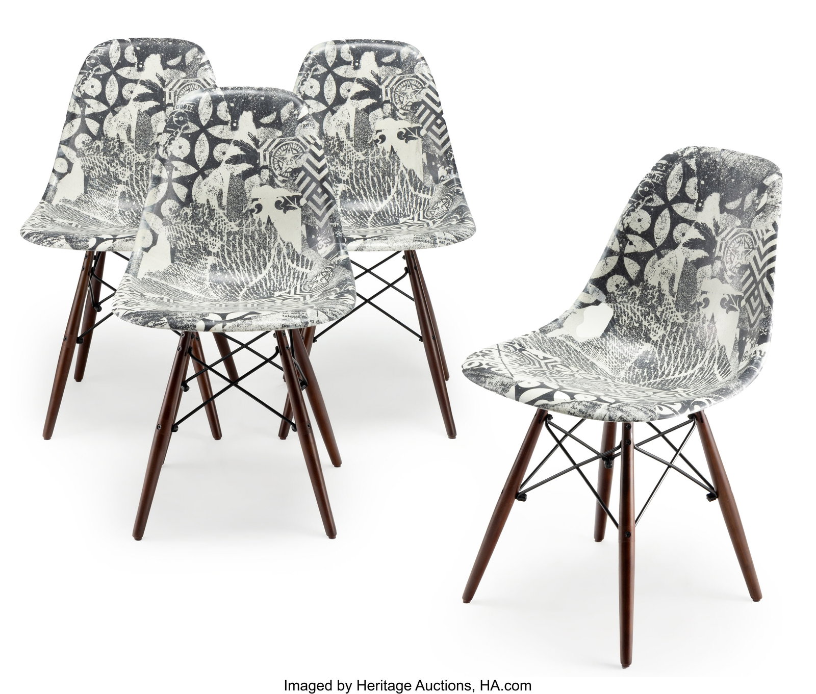 Shepard Fairey X Modernica Four Case Study Fiber: Shepard Fairey X Modernica Four Case Study Fiberglass Shell Chairs, 2018 Fiberglass, metal, wood 32 x 18 x 17 inches (81.3 x 45.7 x 43.2 cm) (each