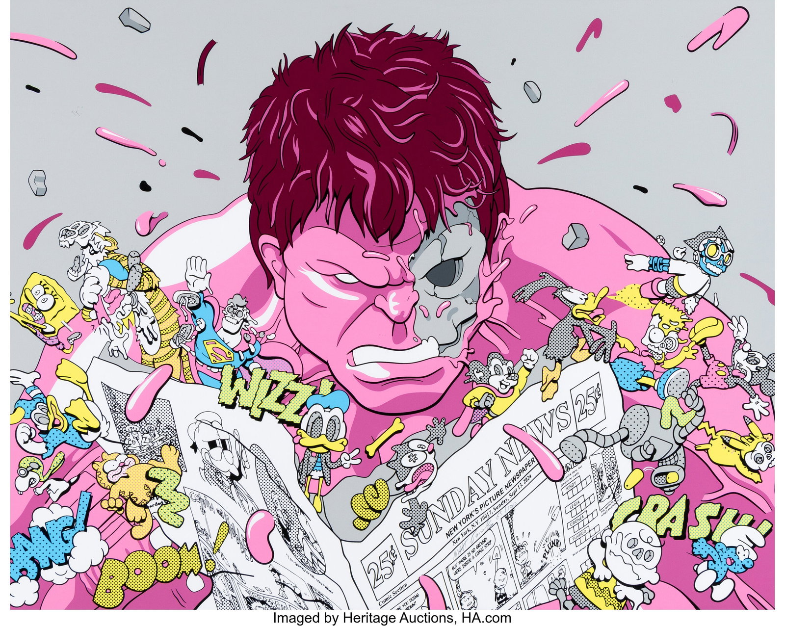 Matt Gondek (b. 1982) Pink Hulk Reading Newspape: Matt Gondek (b. 1982) Pink Hulk Reading Newspaper, 2025 Screenprint in colors on Mohawk Superfine Fine Art paper 20 x 25 inches (50.8 x 63.5 cm) (sh