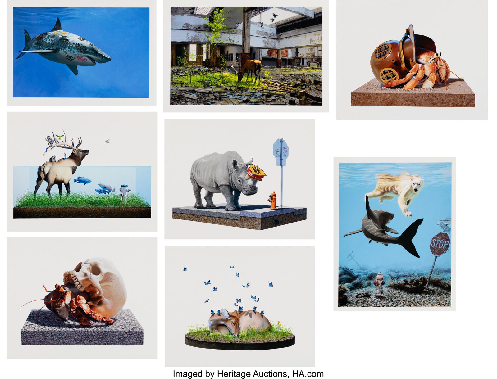 Josh Keyes (b. 1969) Frenzy; Oasis; Hermit; Evac (1 of 10)