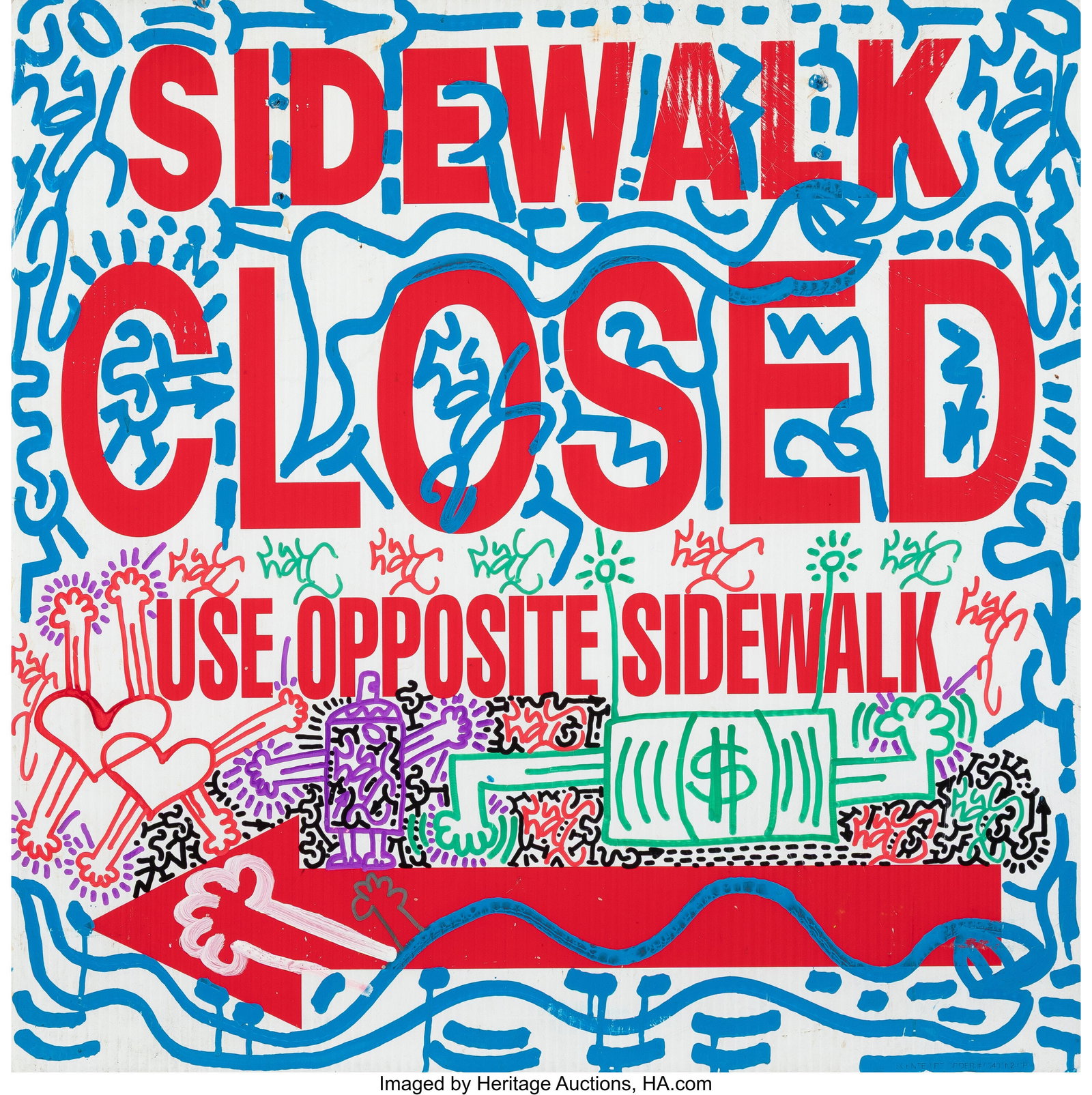 LA II (b. 1967) Untitled (Sidewalk Closed) Ink a: LA II (b. 1967) Untitled (Sidewalk Closed) Ink and acrylic on recycled corrugated plastic sign 23-1/2 x 23-1/2 inches (59.7 x 59.7 cm) (