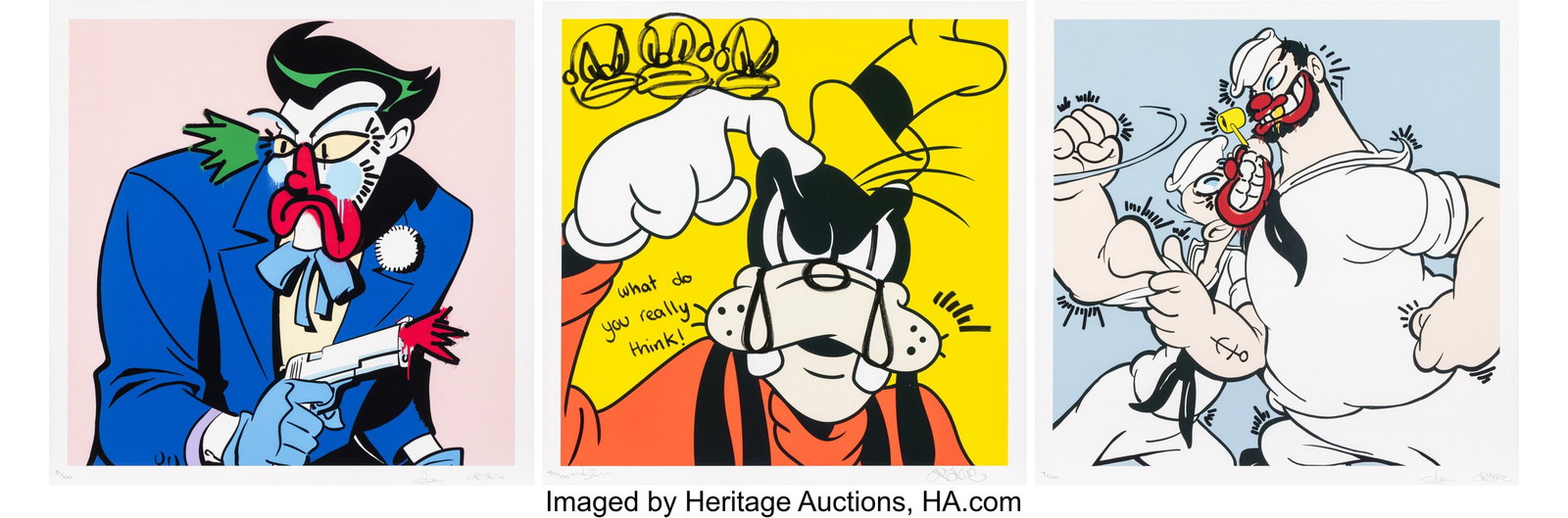 Slawn x Opake Joker; Popeye; Goofy (three works): Slawn x Opake Joker; Popeye; Goofy (three works), 2025 Archival pigment prints in colors and archival pigment print in color with hand-embellishments on wove paper 24 x 24 in