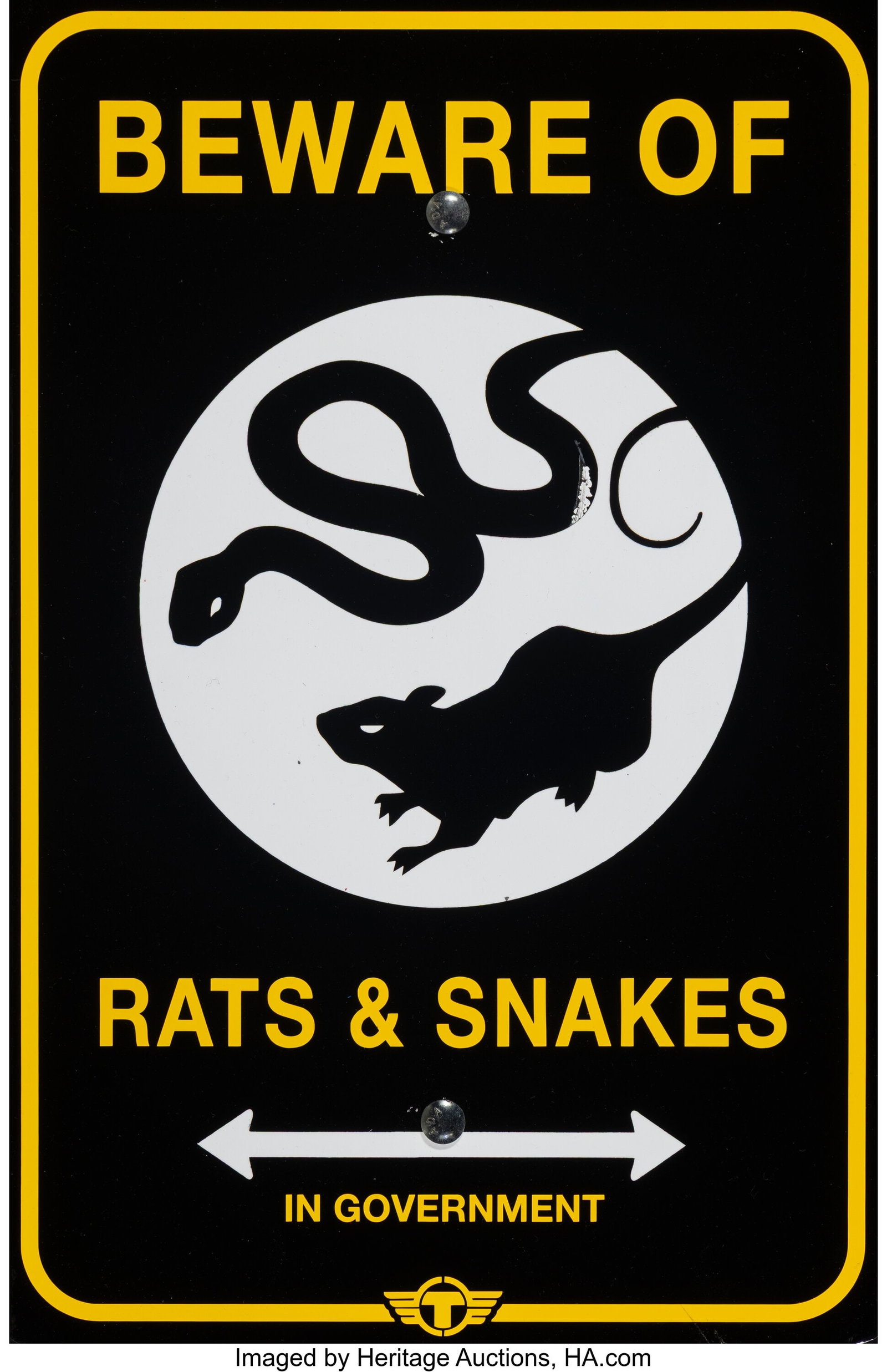 TrustoCorp (Tristan Eaton) (20th Century) Beware: TrustoCorp (Tristan Eaton) (20th Century) Beware of Rats and Snakes Spray paint on metal 18 x 12 inches (45.7 x 30.5 cm) This lot is accompanied by a certif