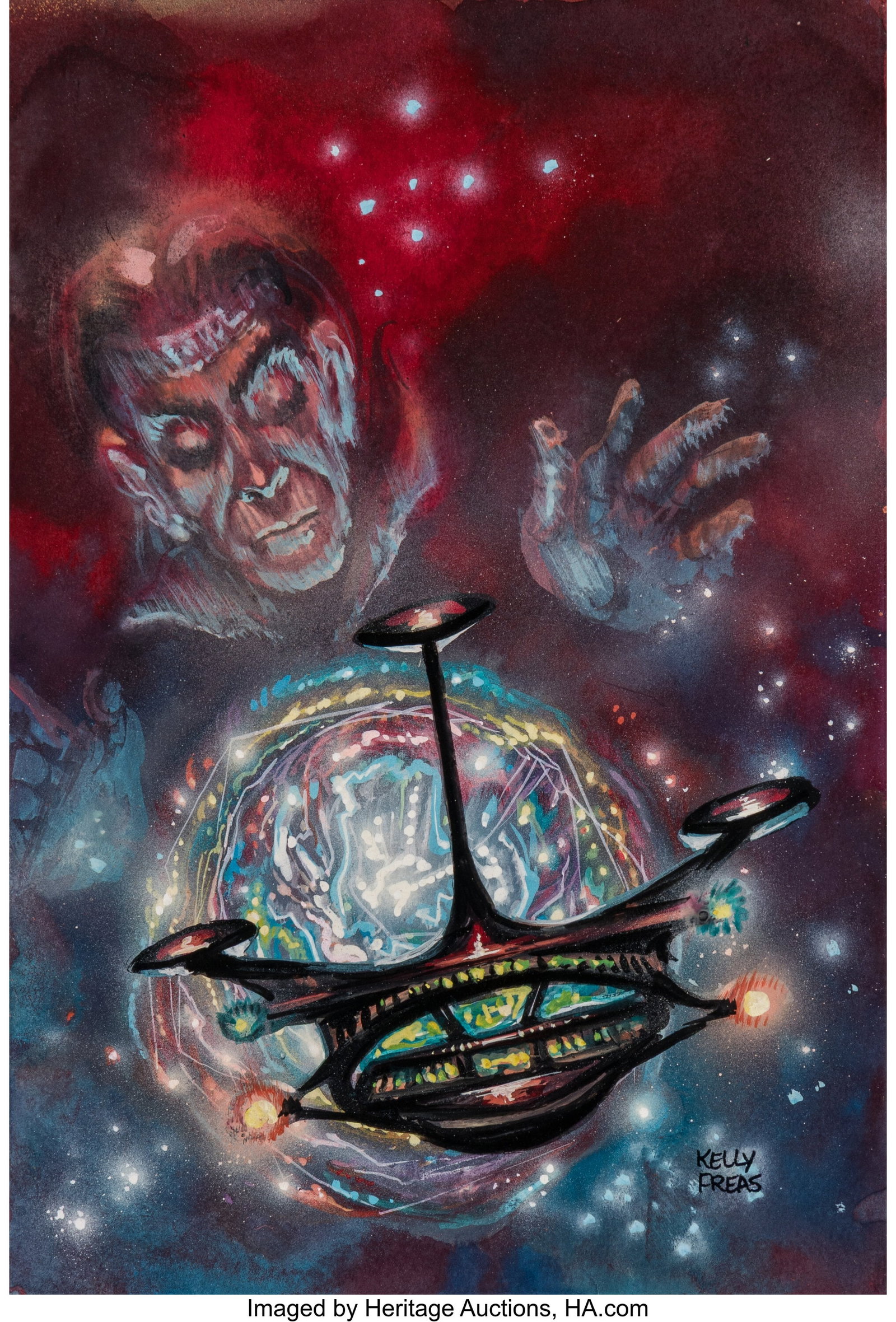 Kelly Freas (American, 1922-2005) Mindship paper: Kelly Freas (American, 1922-2005) Mindship paperback cover study, 1974 Mixed media on board 7-3/8 x 5 inches (18.6 x 12.7 cm) (image) Signed
