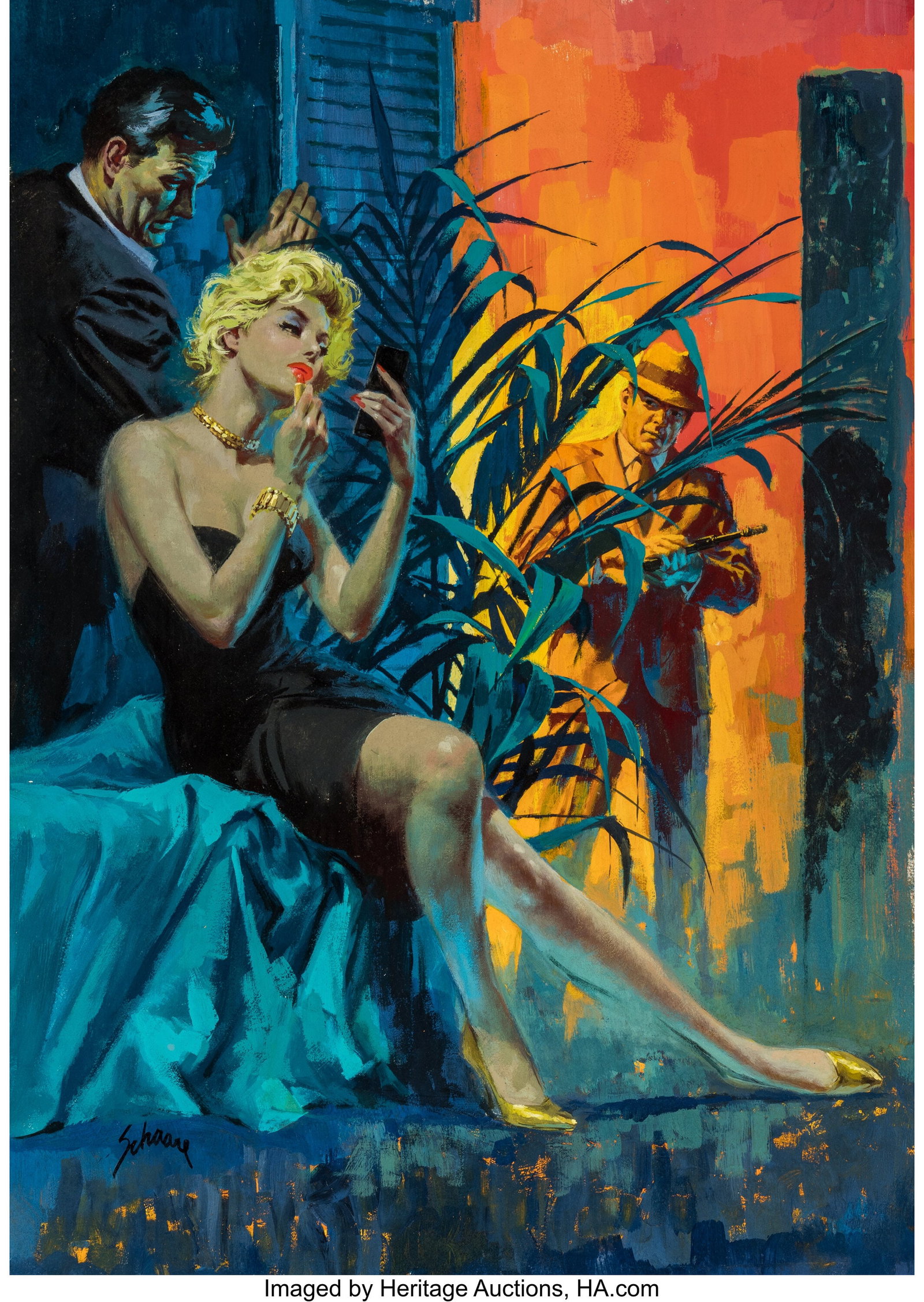 Harry Schaare (American, 1922-2008) Femme Fatale: Harry Schaare (American, 1922-2008) Femme Fatale & Gunman, circa 1960 Oil on board 20 x 14-1/2 inches (50.8 x 36.8 cm) (image) Signed lo