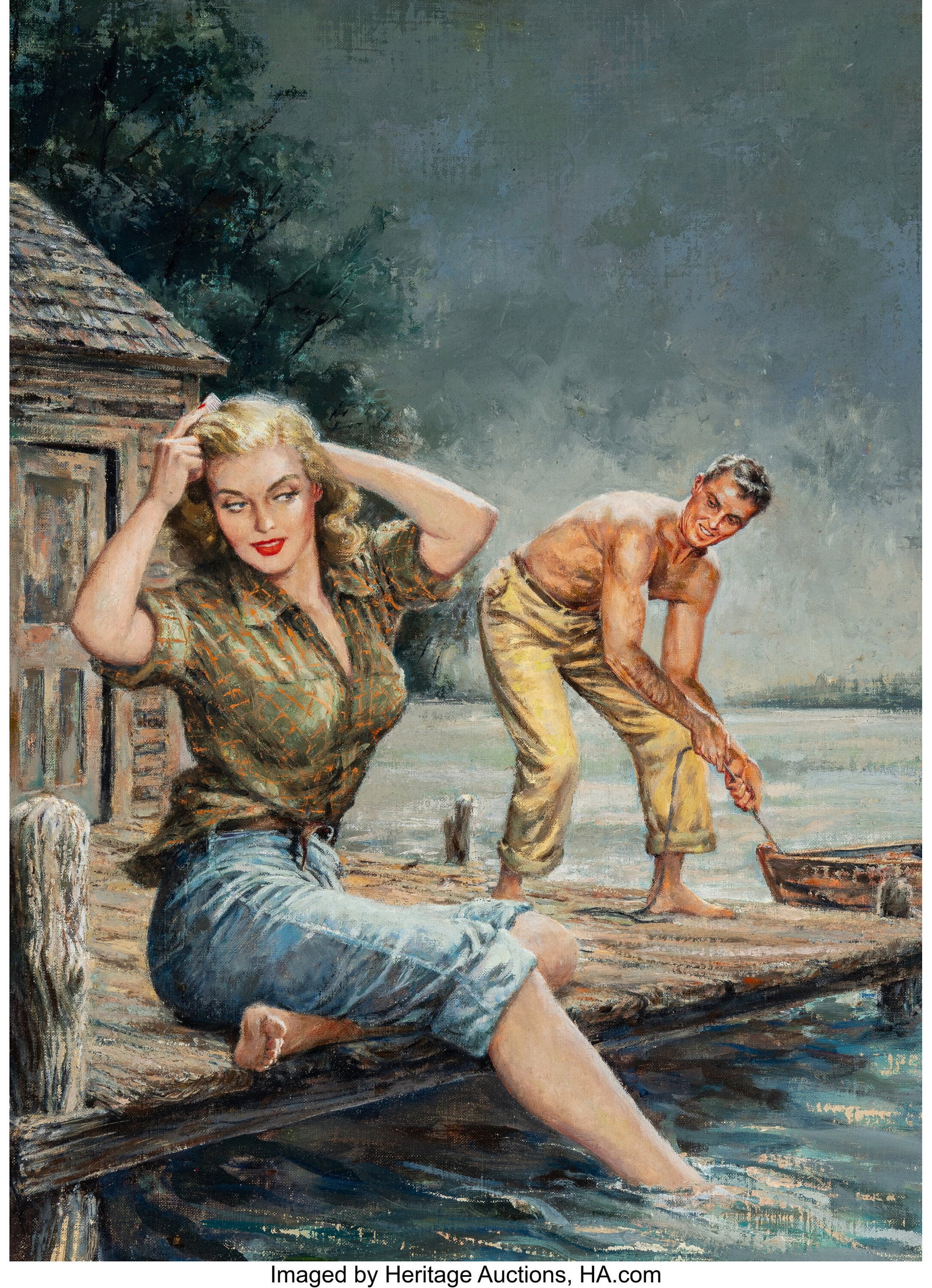 American Artist (20th Century) Waterfront Girl p: American Artist (20th Century) Waterfront Girl paperback cover, 1953 Oil on canvas board 25-3/4 x 18-1/2 inches (65.4 x 47.0 cm) Not signed PROVENANCE&c