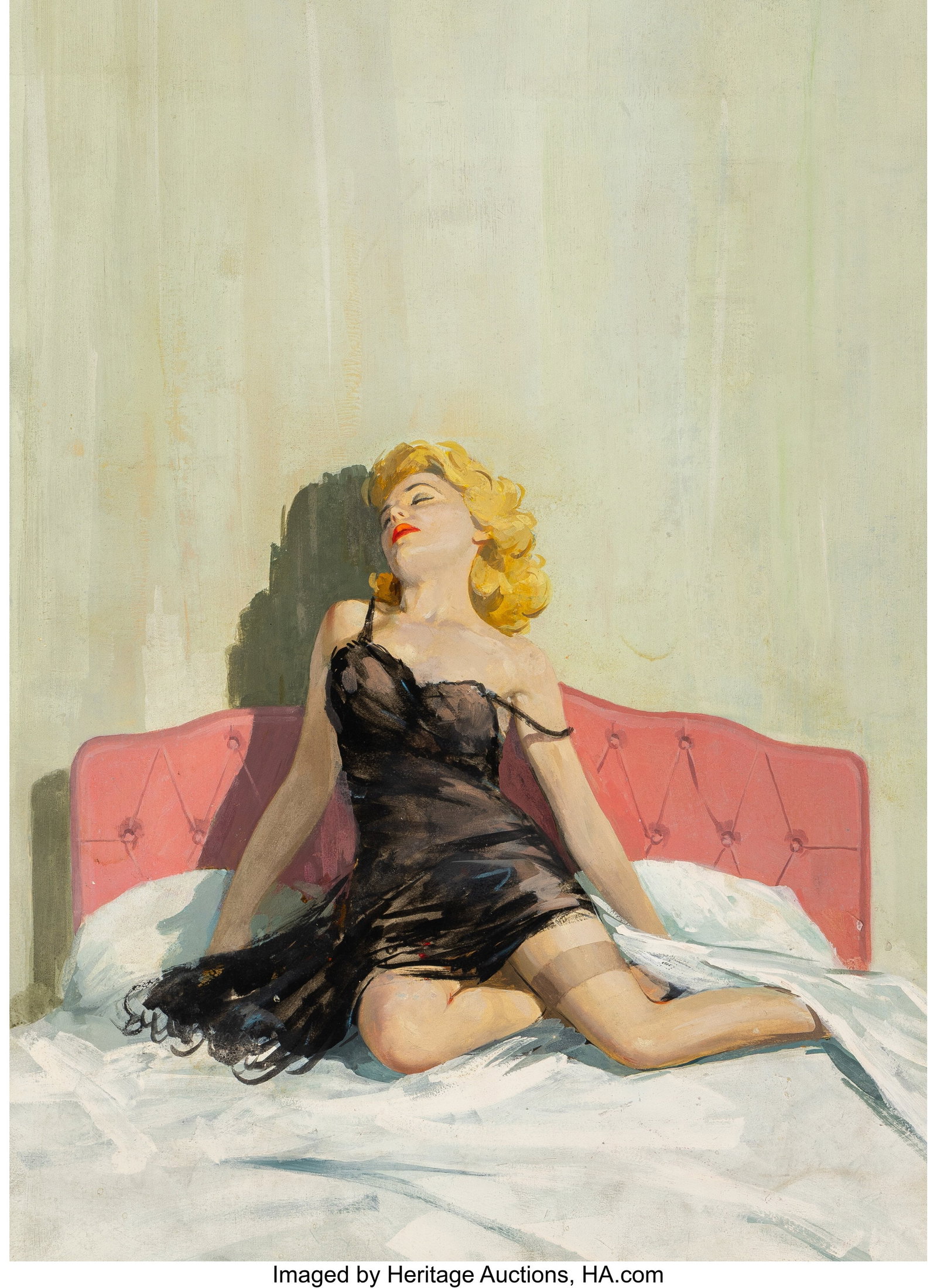 18044 Robert Mcguire (American, 1921-2005) A Woman Possessed: Robert Mcguire (American, 1921-2005) A Woman Possessed paperback cover, 1961 Oil on board 28-1/4 x 20 inches (71.8 x 50.8 cm) Not signed The present work was first published as the cover of Room to Sw