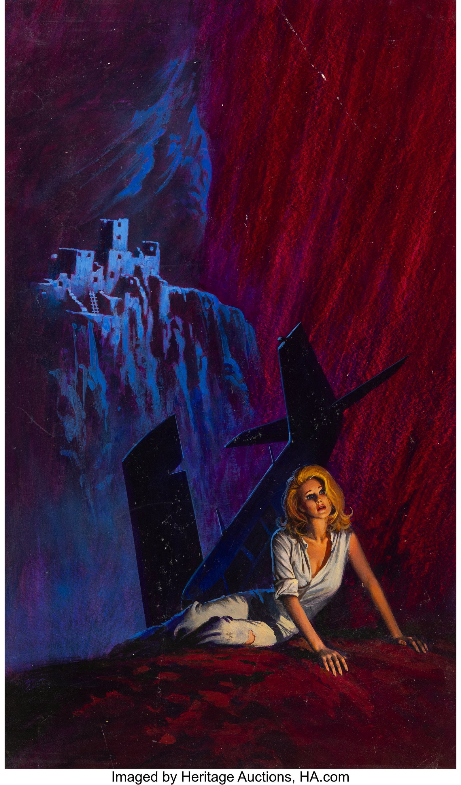 Hector Garrido (American, 1928-2020) Likely Berk: Hector Garrido (American, 1928-2020) Likely Berkley romantic suspense paperback cover, 1977 Acrylic on board laid on board 28-1/4 x 17-1/4 inches (71.8 x 43&p