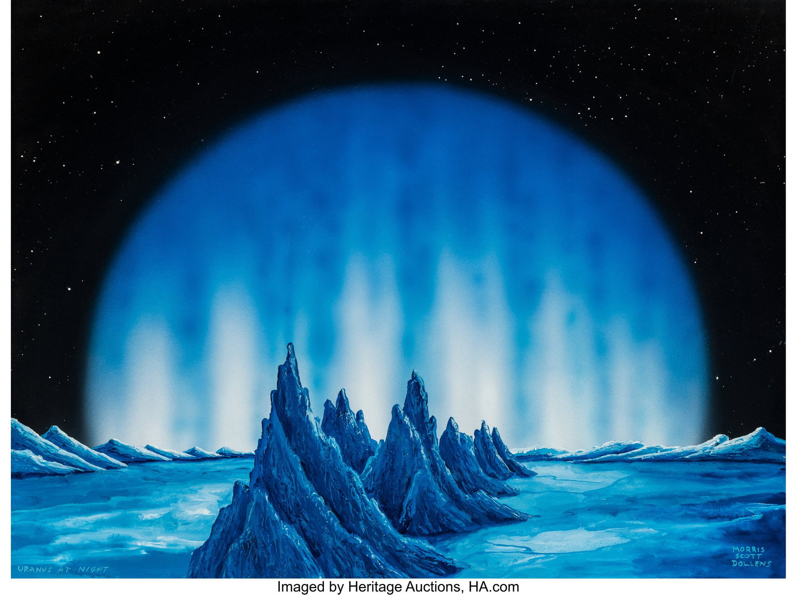 Morris Scott Dollens (American, 1920-1994) Uranu: Morris Scott Dollens (American, 1920-1994) Uranus at Night Casein on board 15 x 20 inches (38.1 x 50.8 cm) Signed and titled in lower region: Uranus At Ni