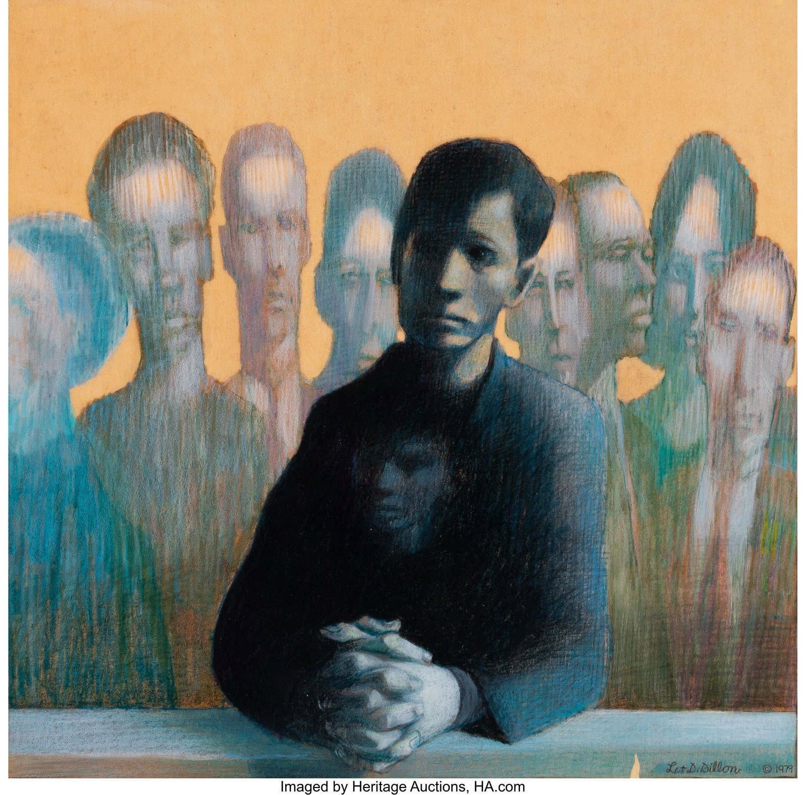 Leo and Diane Dillon (American, 20th Century) Dy: Leo and Diane Dillon (American, 20th Century) Dying Inside, Robert Silverberg vinyl album art, 1979 Colored pencil on Vellum laid on board 13-3/4 x 13-3/4 inches &l