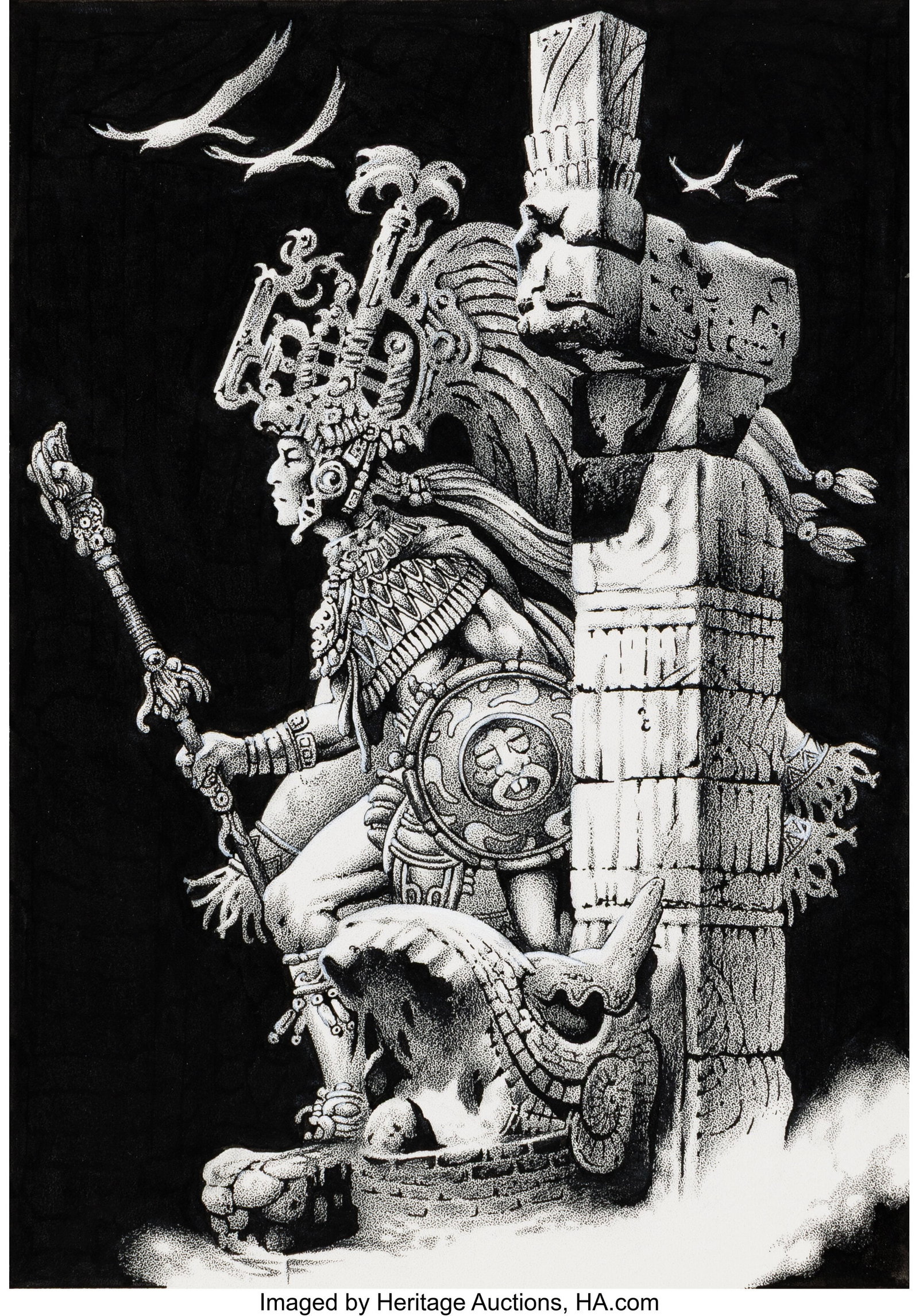 Stephen Fabian (American, 1930-2025) In Mayan Sp: Stephen Fabian (American, 1930-2025) In Mayan Splendor book frontispiece, 1977 Ink on paper 14 x 11 inches (35.6 x 27.9 cm) (sheet) Initialed lo