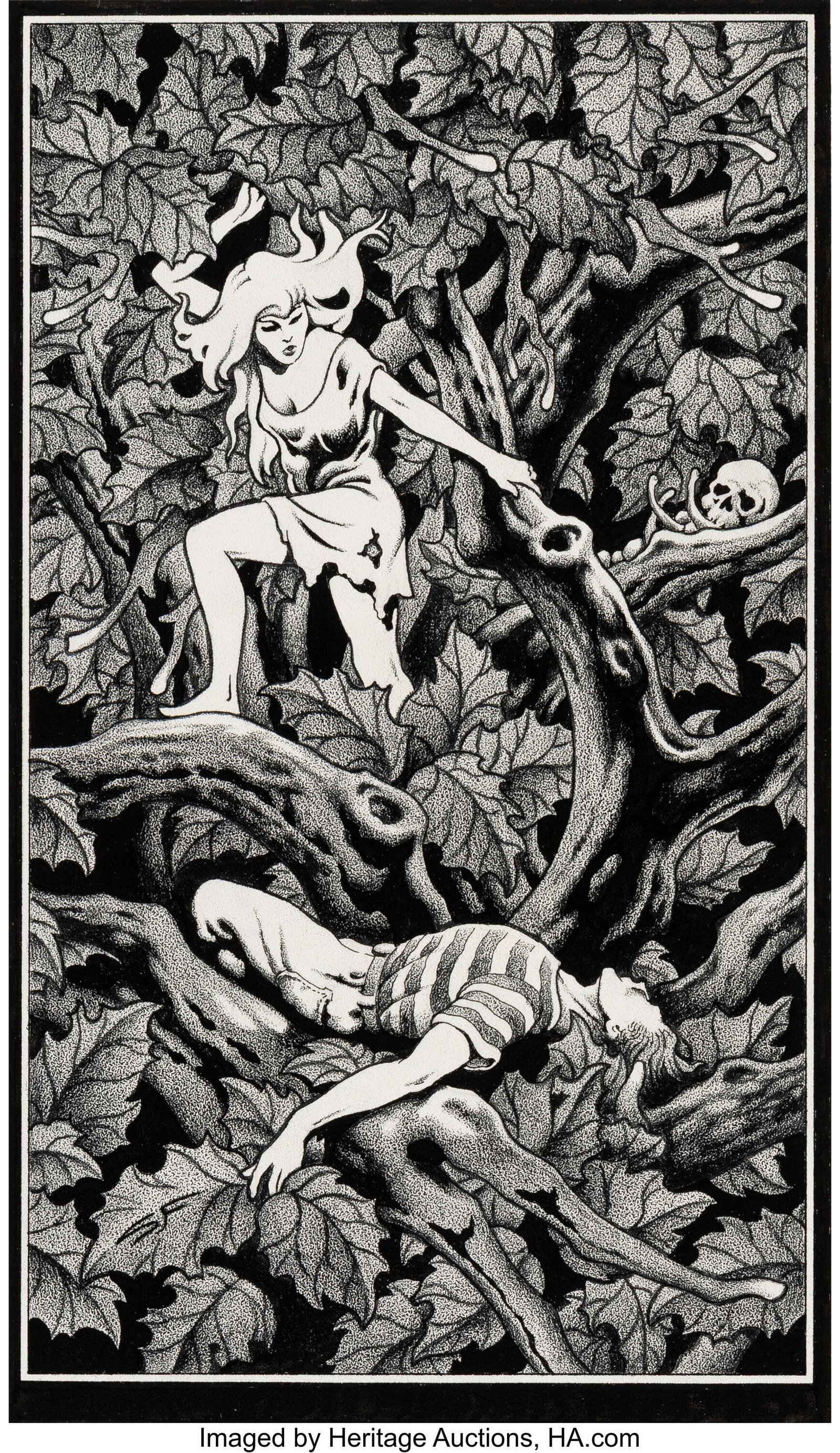 Stephen Fabian (American, 1930-2025) Climbing, R: Stephen Fabian (American, 1930-2025) Climbing, Refugees from an Imaginary Country book interior, 1999 Ink on paper 14 x 11 inches (35.6 x 27.9 cm) &