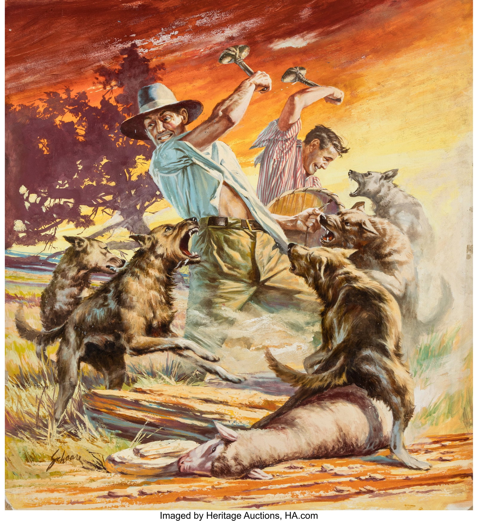 Harry Schaare (American, 1922-2008) Flesh for th: Harry Schaare (American, 1922-2008) Flesh for the Dingoes, For Men Only pulp magazine cover, August 1955 Oil on board 22-1/8 x 19-7/8 inches (56.2 x 50&