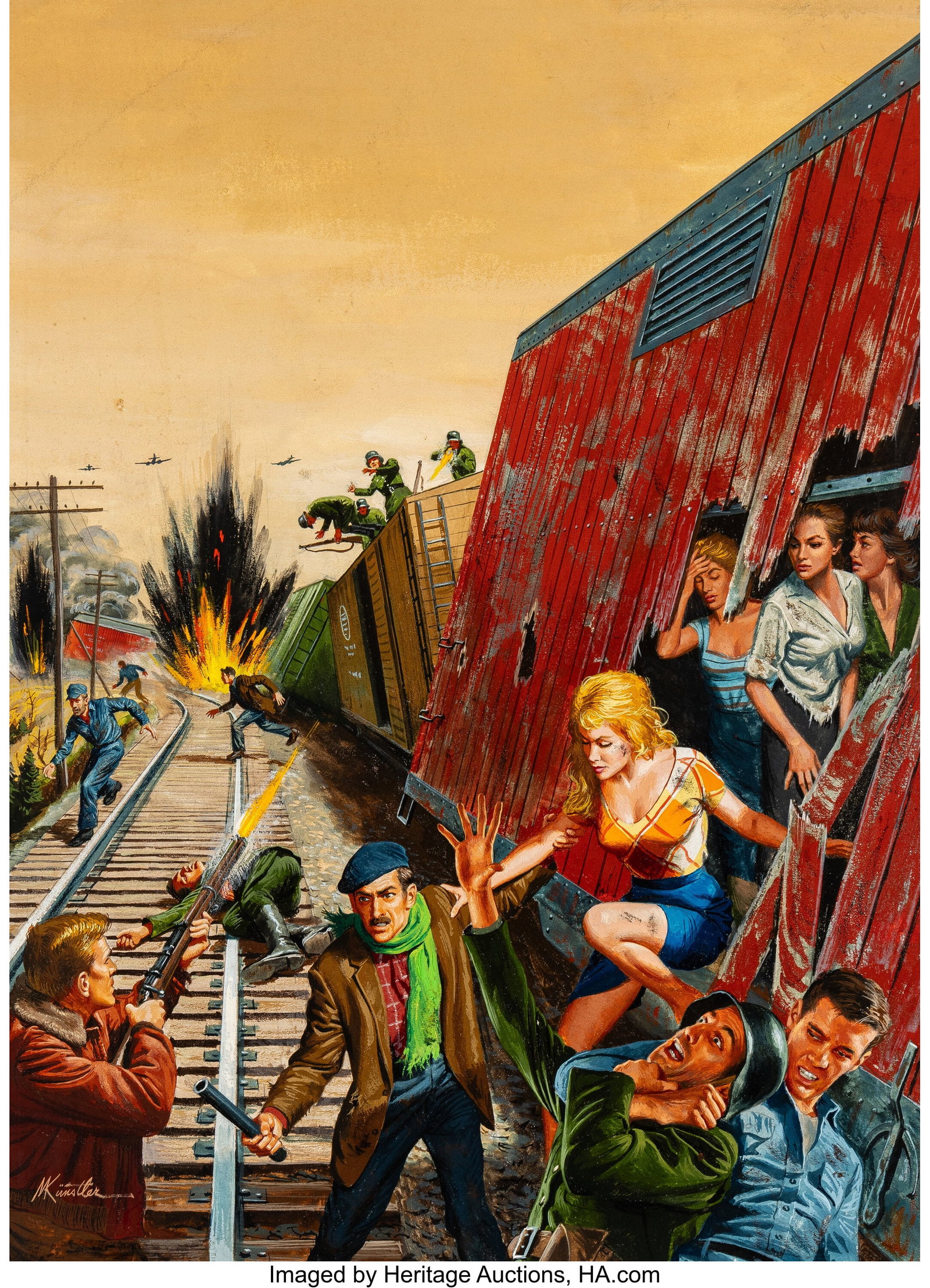 Morton Künstler (American, 1931-2025) The Wild : Morton Künstler (American, 1931-2025) The Wild Women Who Baited a Panzer Division, For Men Only magazine cover, October 1961 Gouache and tempera on board 21-1/2 x 