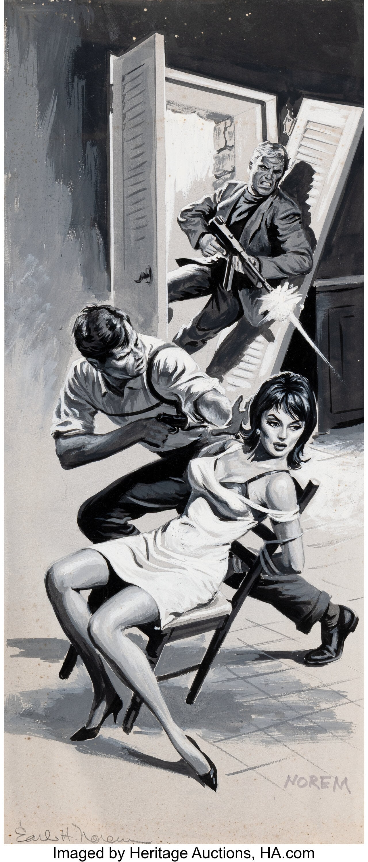 Earl Norem (American, 1923-2015) Come-On-Girl, M: Earl Norem (American, 1923-2015) Come-On-Girl, Men magazine interior, January 1973 Gouache on board 22-1/4 x 11-1/2 inches (56.5 x 29.2 cm) 