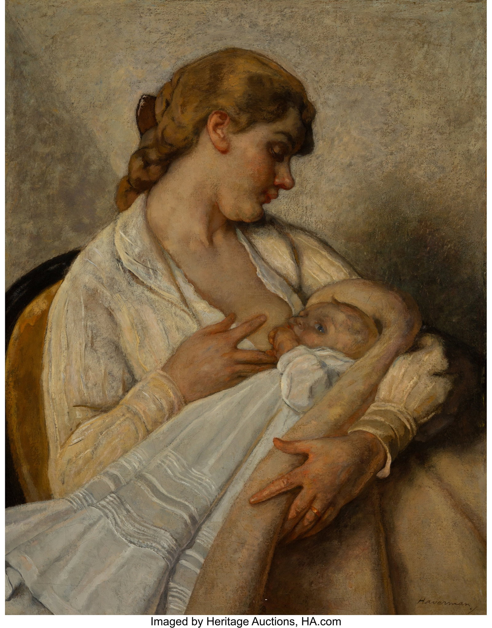 Hendrik Johannes Haverman (Dutch, 1857-1928) You: Hendrik Johannes Haverman (Dutch, 1857-1928) Young mother holding her child Oil on canvas 35 x 27-1/2 inches (88.9 x 69.9 cm) Signed lower right: Have