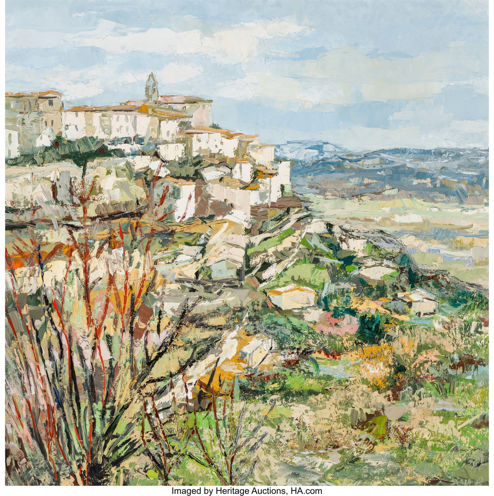 Renee Theobald (French, 1926) Èze: Village de P: Renee Theobald (French, 1926) Èze: Village de Provence Oil on canvas 39-1/2 x 39-1/2 inches (100.3 x 100.3 cm) Inscribed on the reverse&col