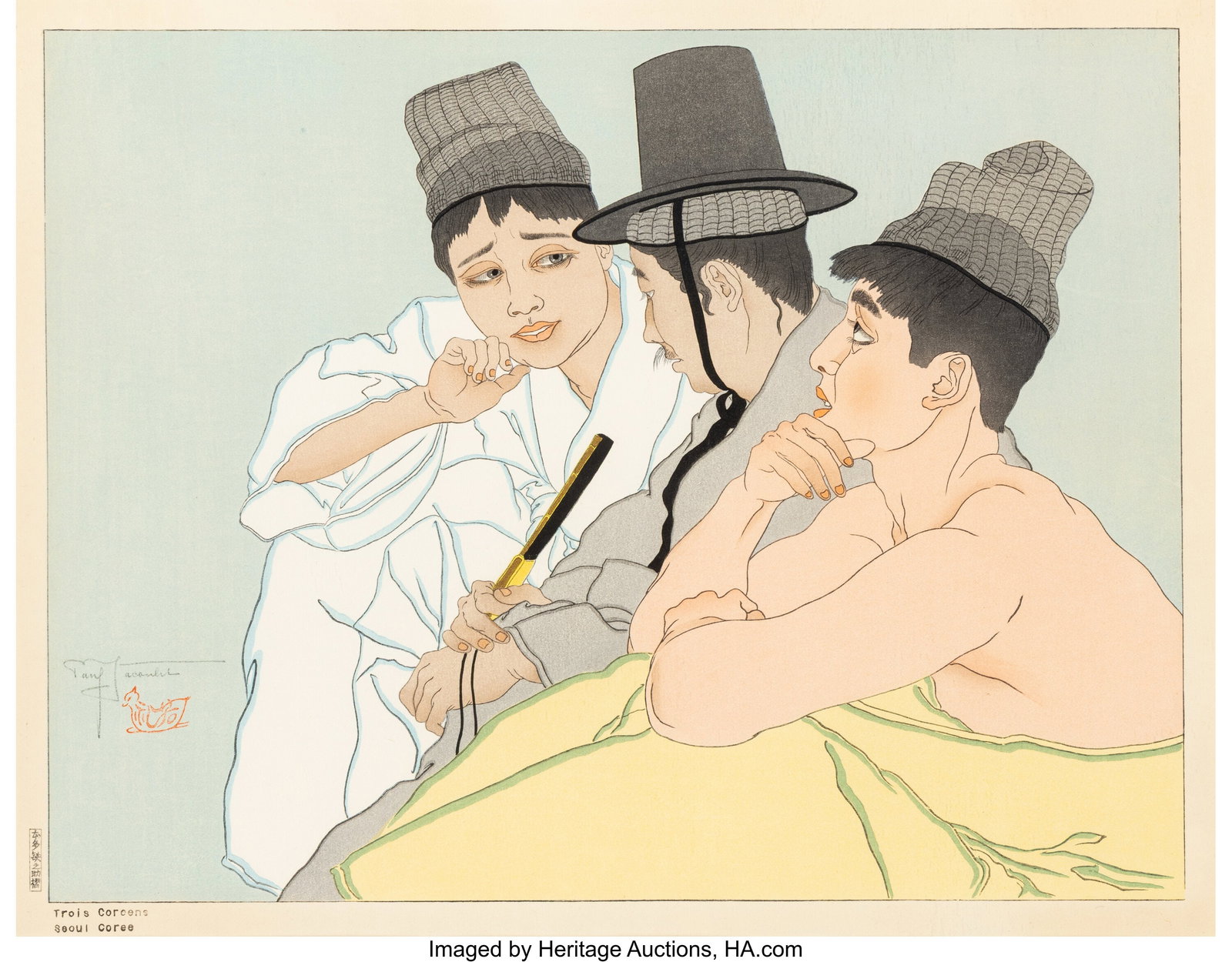 Paul Jacoulet (French, 1902-1960) Three Koreans : Paul Jacoulet (French, 1902-1960) Three Koreans (Trois Coreens), 1935 Woodblock print embellished with mica 12-3/4 x 16-1/2 inches (32.4 x 41&period