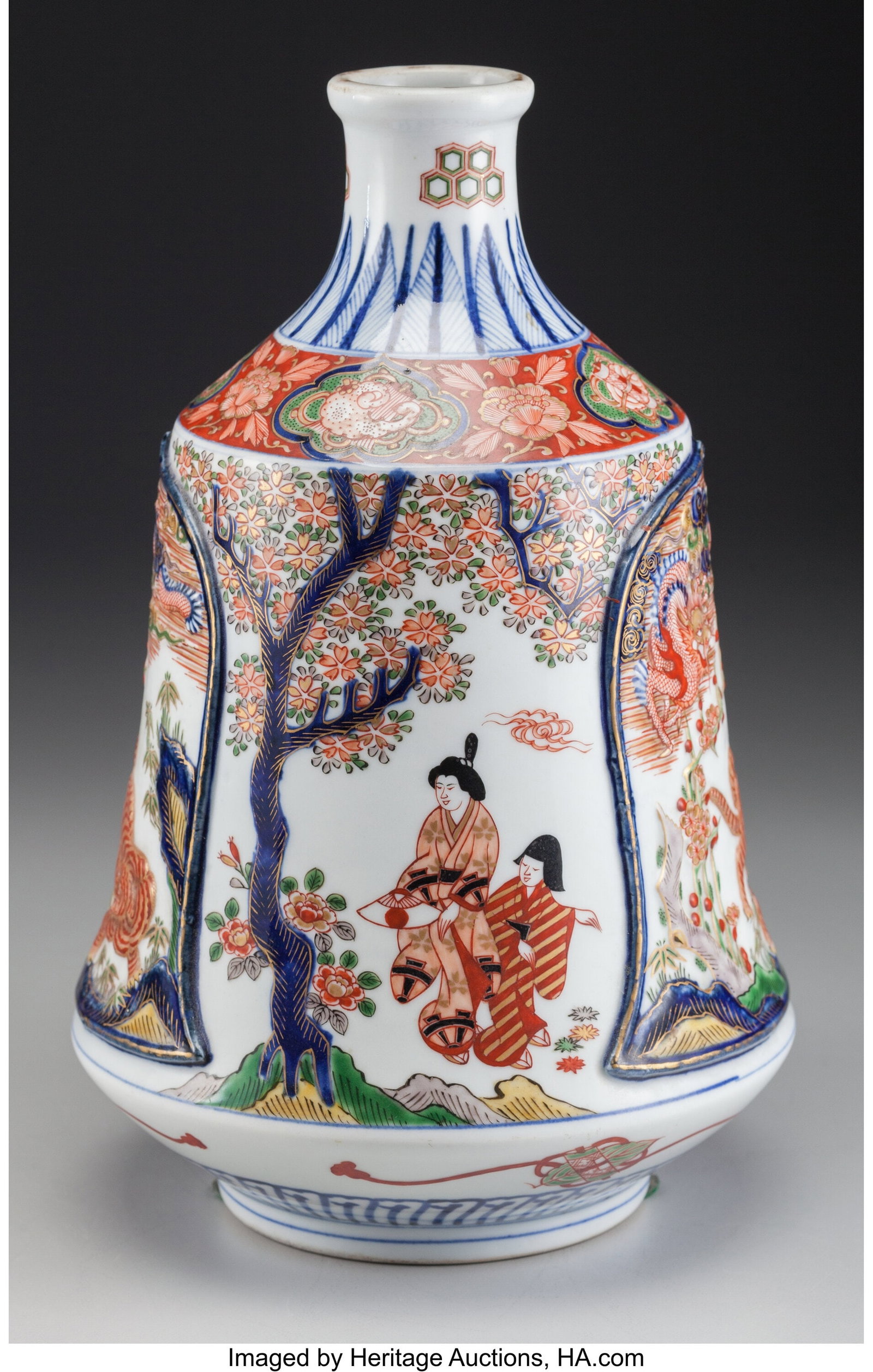 A Japanese Imari and Partial Gilt Bottle Vase Ma: A Japanese Imari and Partial Gilt Bottle Vase Marks: (six-character marks to underside) 11-1/2 inches high (29.2 cm) Property from the Estate of Jules Herlong HID0